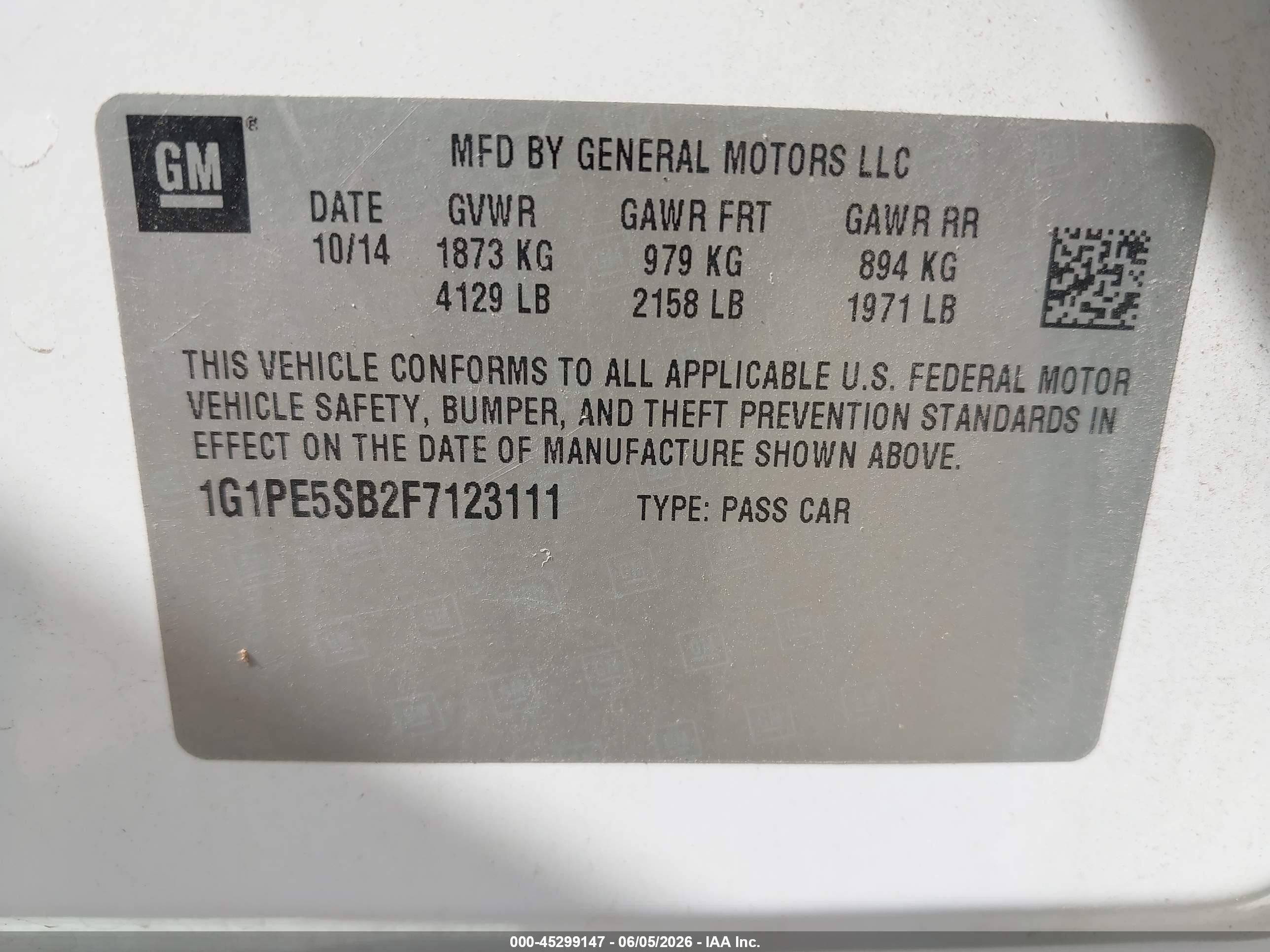 2015 Chevrolet Cruze 2lt Auto White vin: 1G1PE5SB2F7123111