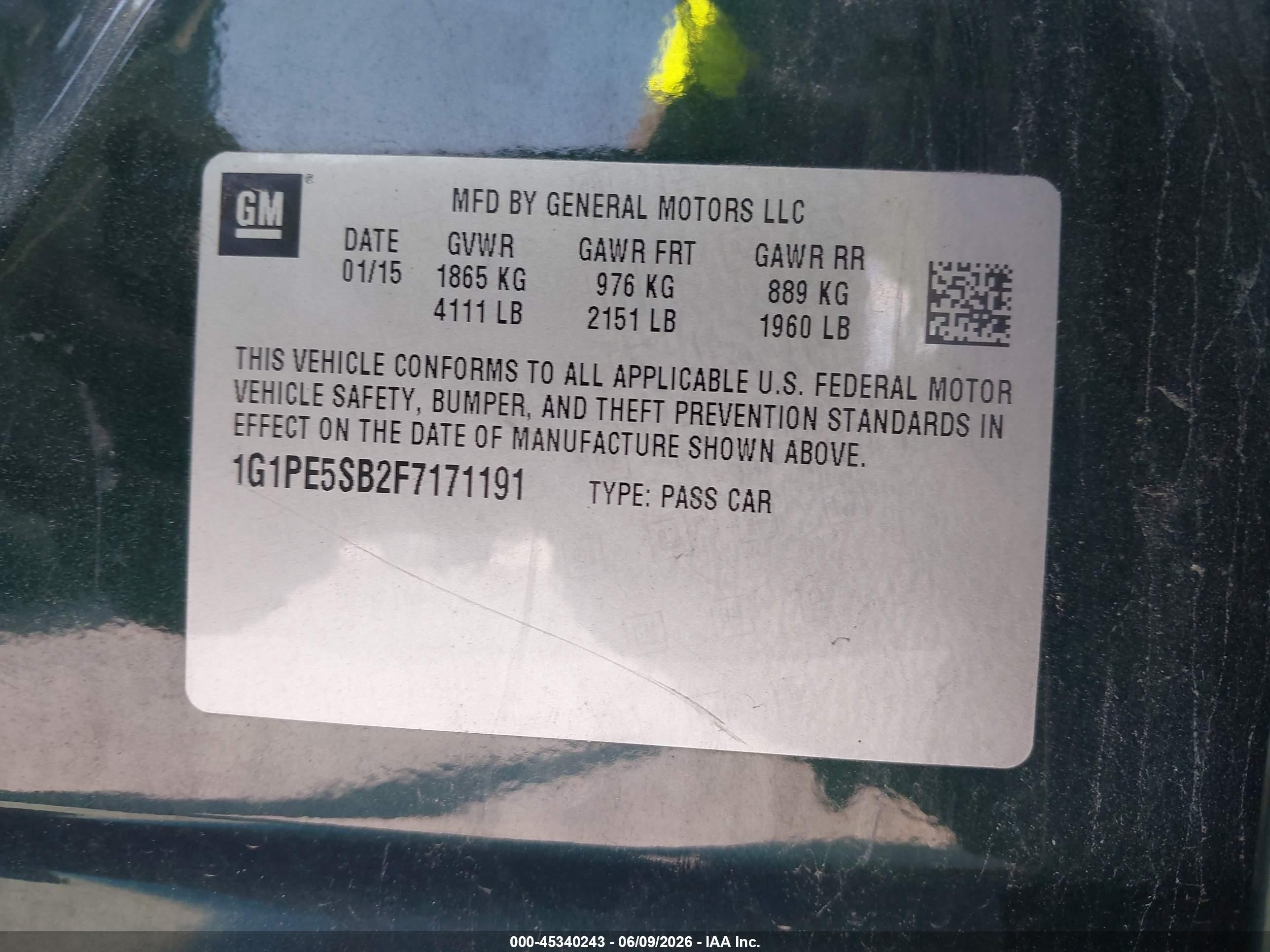 2015 Chevrolet Cruze 2lt Auto Зеленый vin: 1G1PE5SB2F7171191