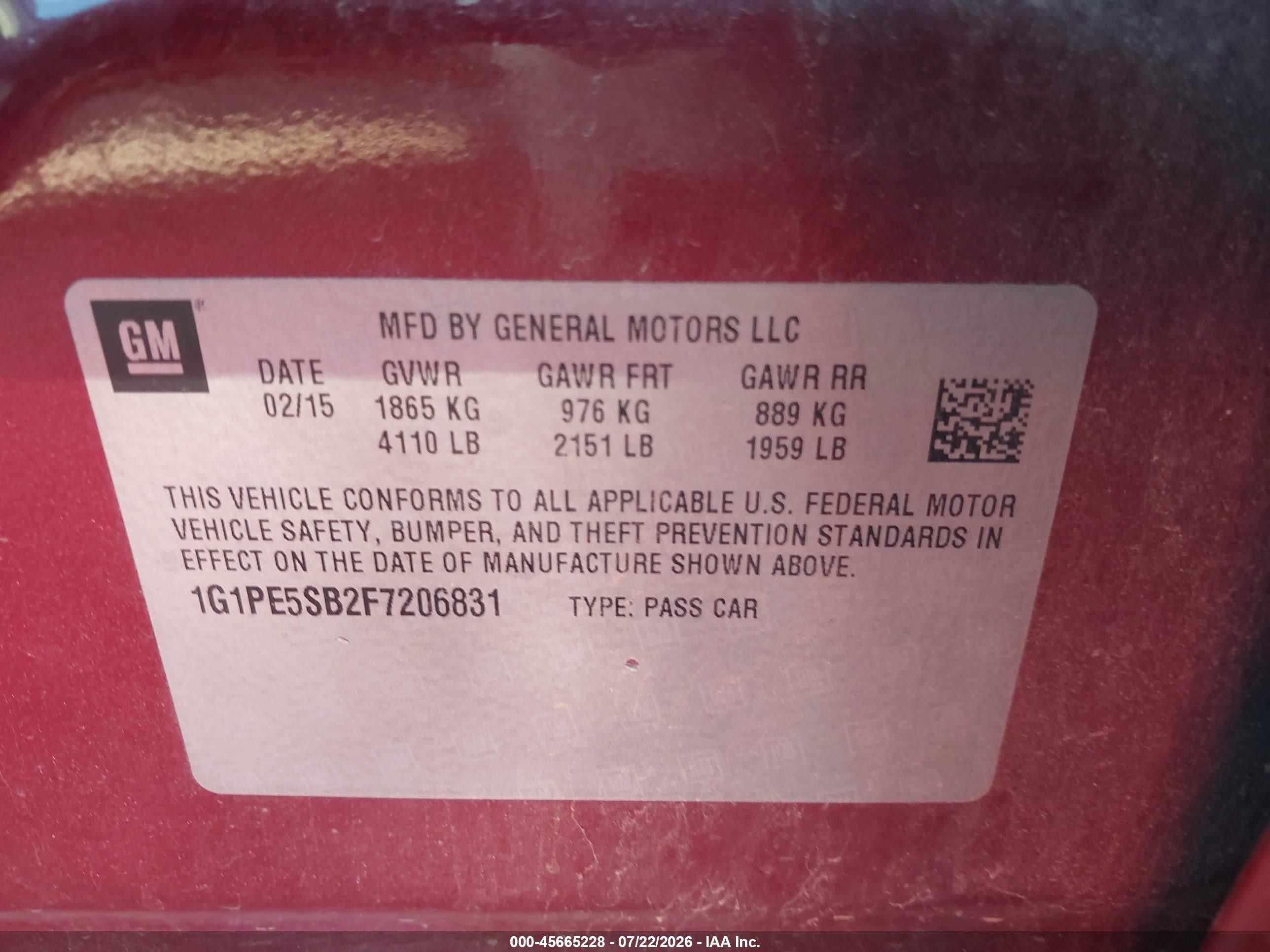 2015 Chevrolet Cruze 2lt Auto Maroon vin: 1G1PE5SB2F7206831