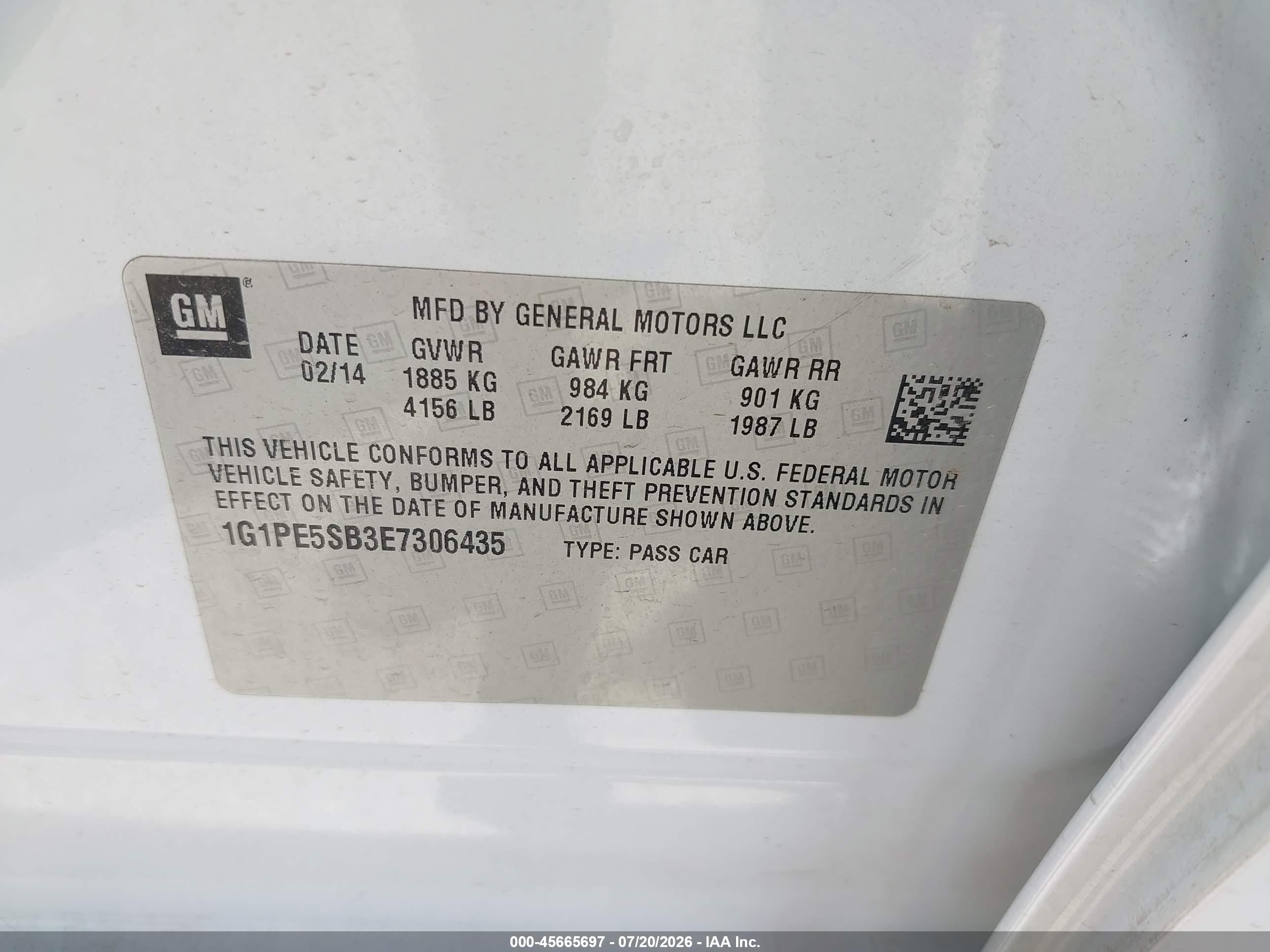 2014 Chevrolet Cruze 2lt Auto Белый vin: 1G1PE5SB3E7306435