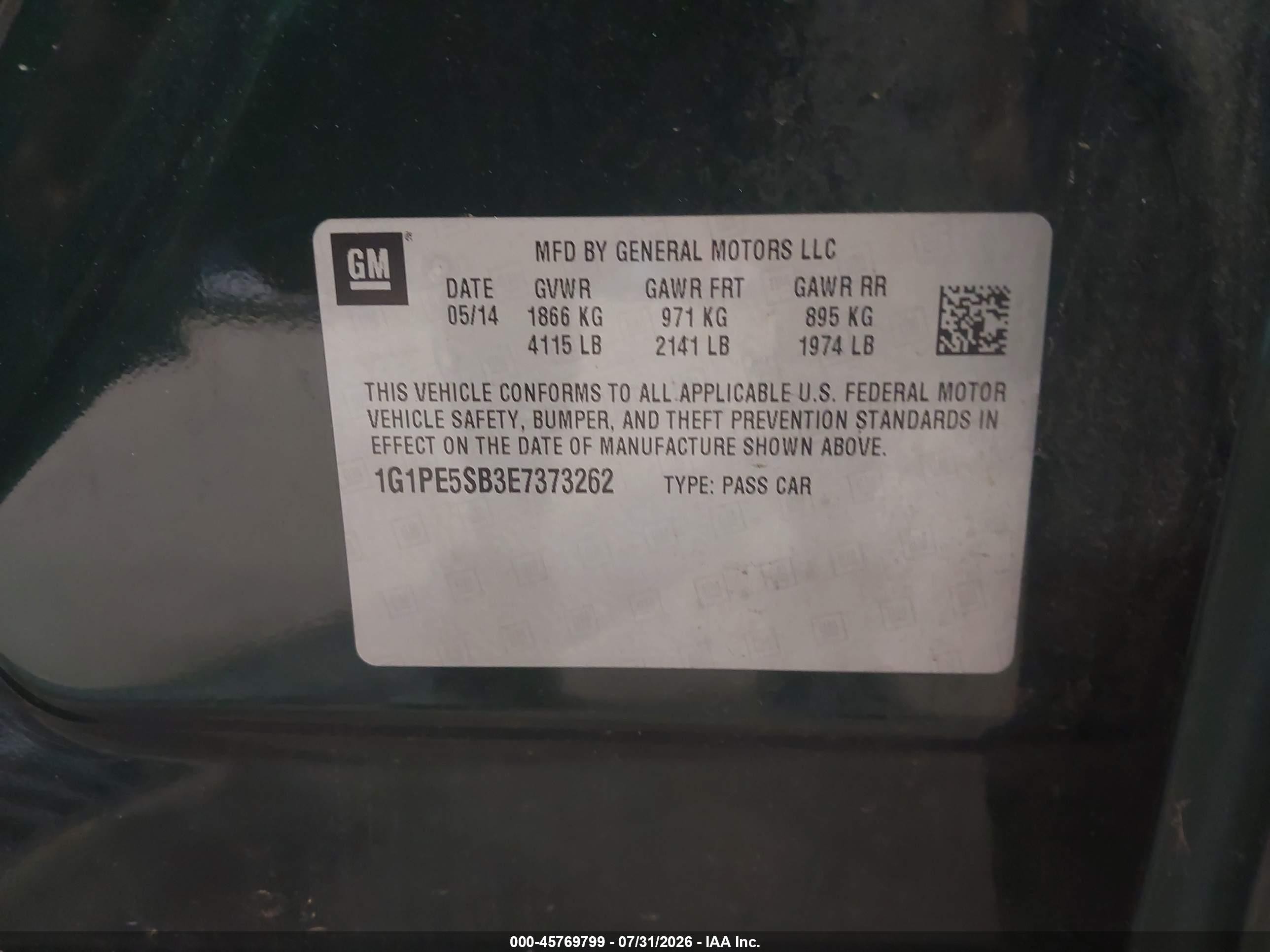 2014 Chevrolet Cruze 2lt Auto Зеленый vin: 1G1PE5SB3E7373262