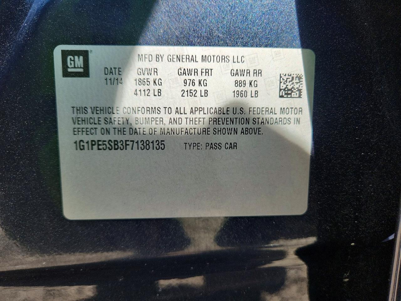 2015 Chevrolet Cruze Lt Blue vin: 1G1PE5SB3F7138135