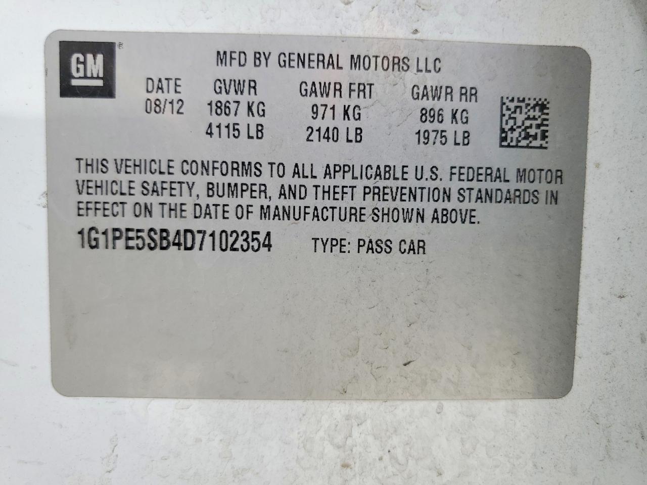 2013 Chevrolet Cruze Lt White vin: 1G1PE5SB4D7102354