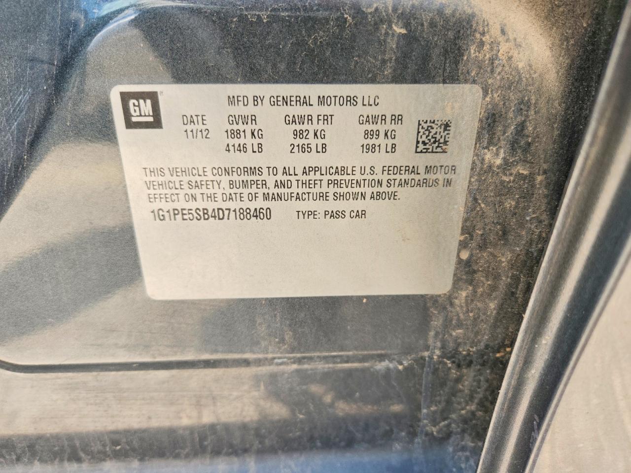 2013 Chev Cruze Lt Gray vin: 1G1PE5SB4D7188460
