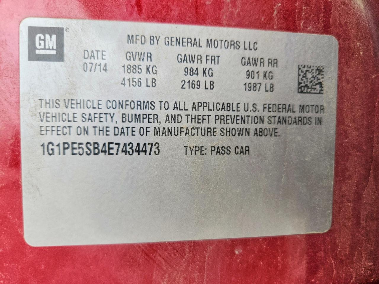 2014 Chevrolet Cruze Lt Red vin: 1G1PE5SB4E7434473