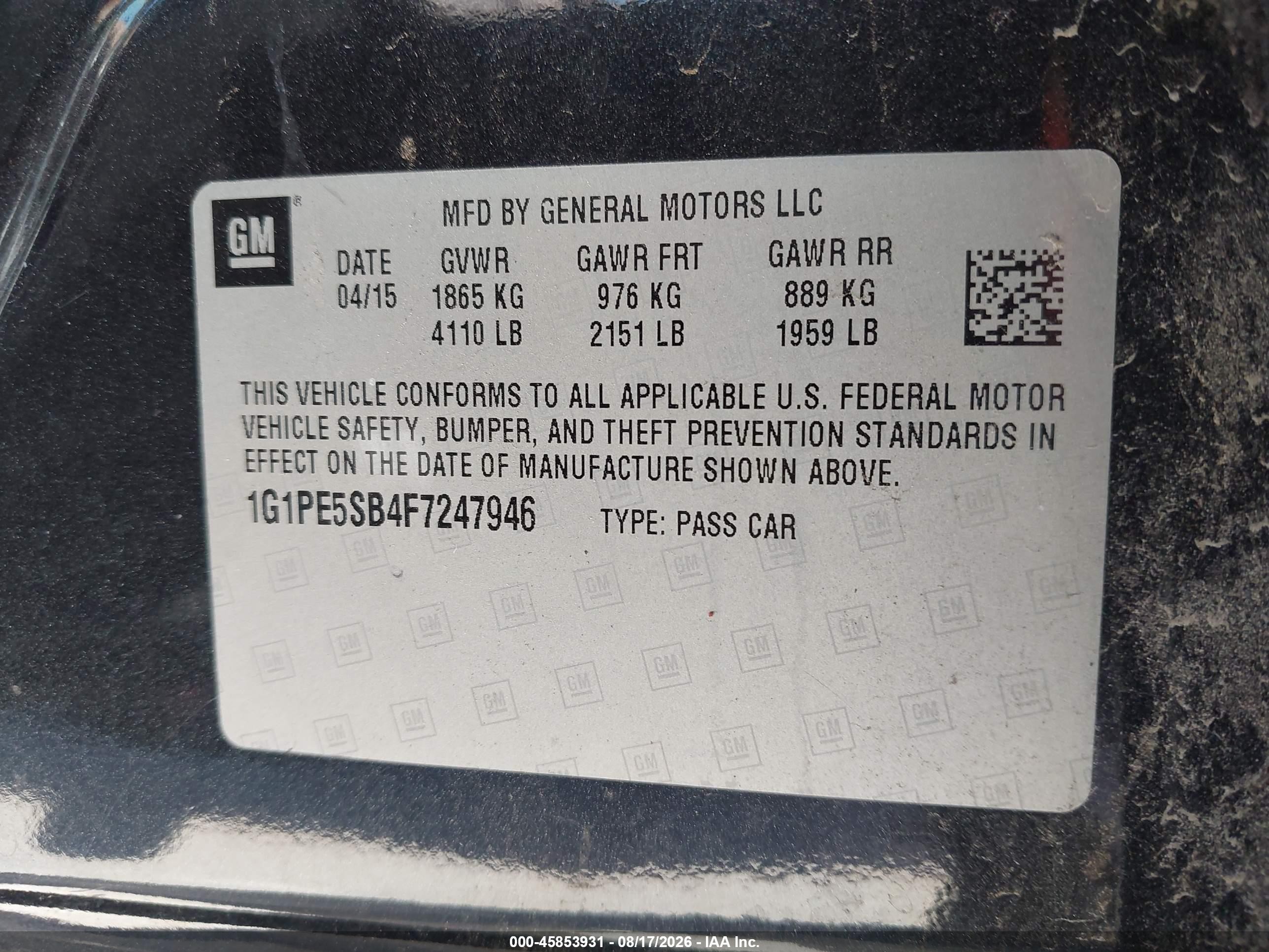 2015 Chevrolet Cruze 2lt Auto Black vin: 1G1PE5SB4F7247946