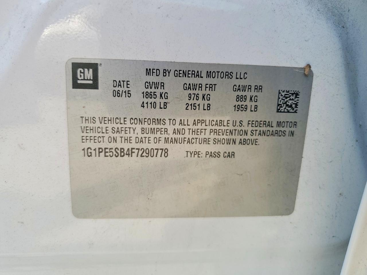 2015 Chevrolet Cruze Lt White vin: 1G1PE5SB4F7290778