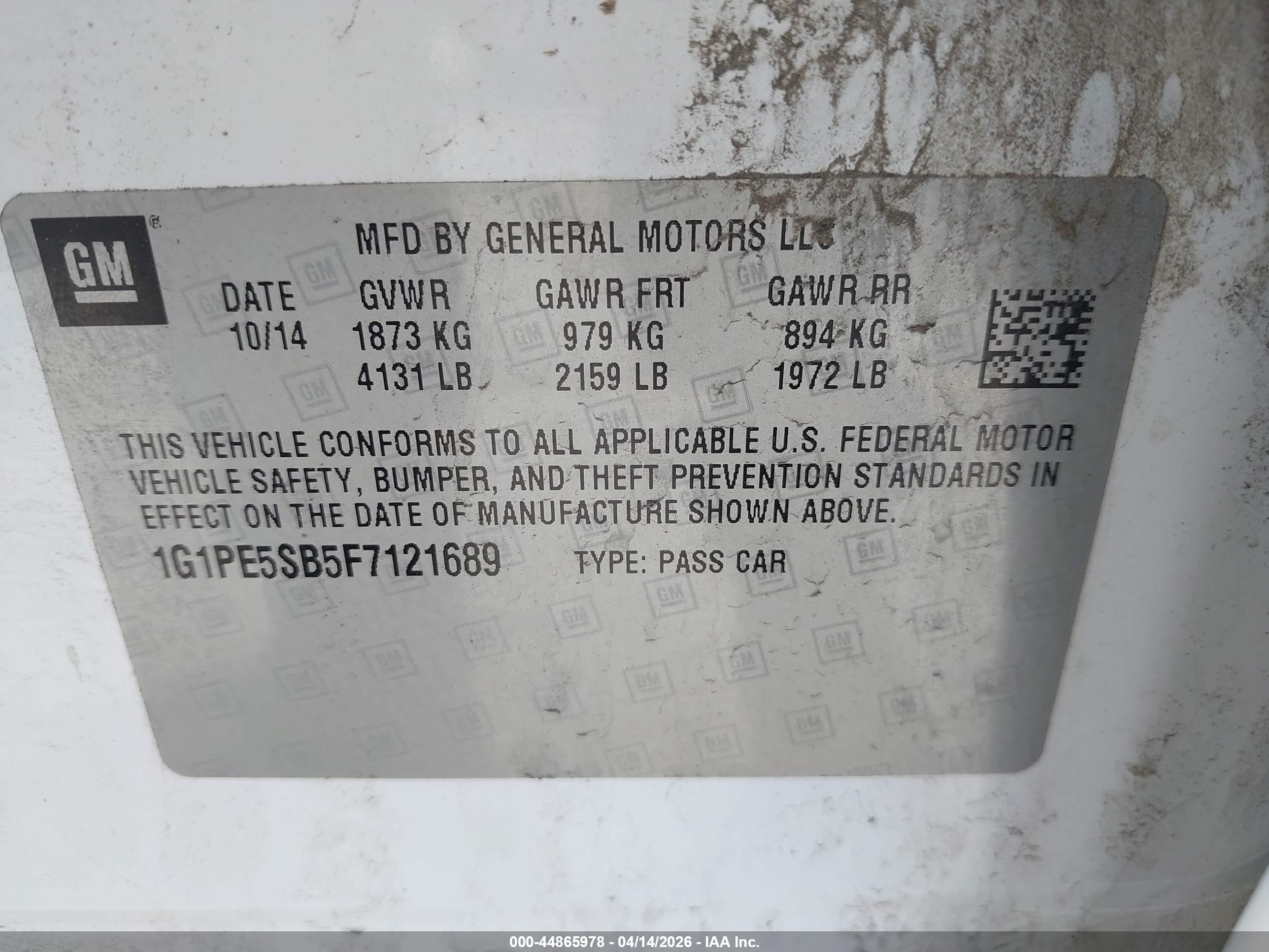 2015 Chevrolet Cruze 2lt Auto White vin: 1G1PE5SB5F7121689