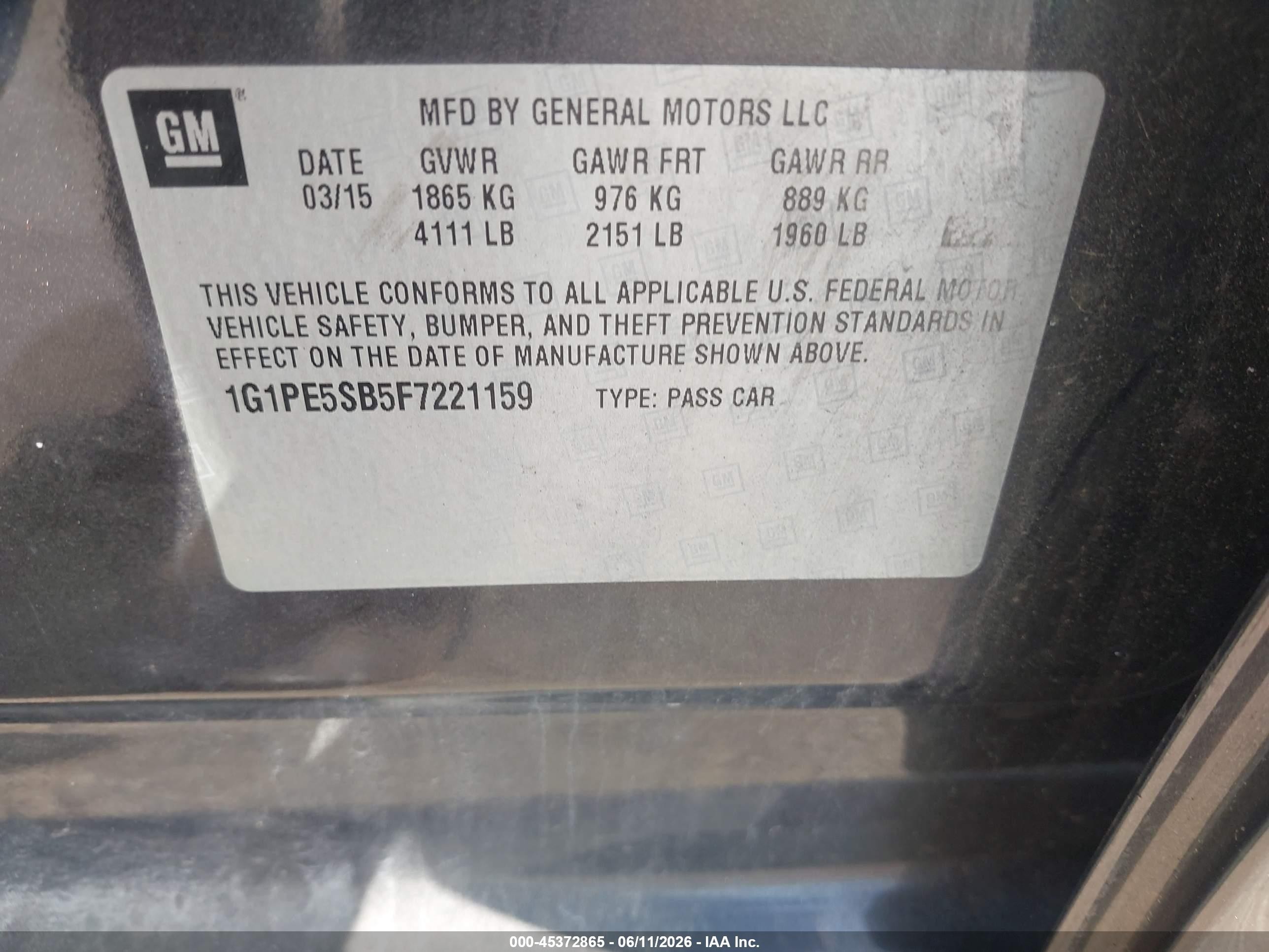 2015 Chevrolet Cruze 2lt Auto Gray vin: 1G1PE5SB5F7221159