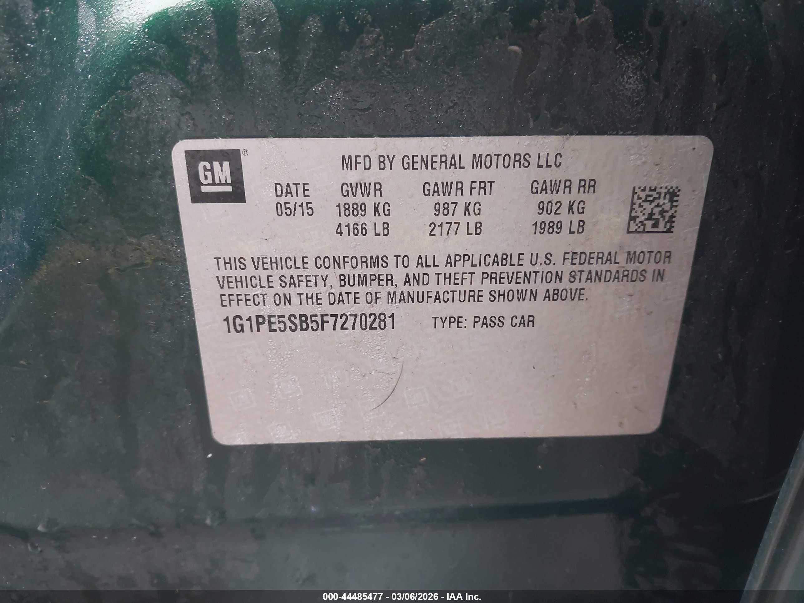 2015 Chevrolet Cruze 2lt Auto Green vin: 1G1PE5SB5F7270281