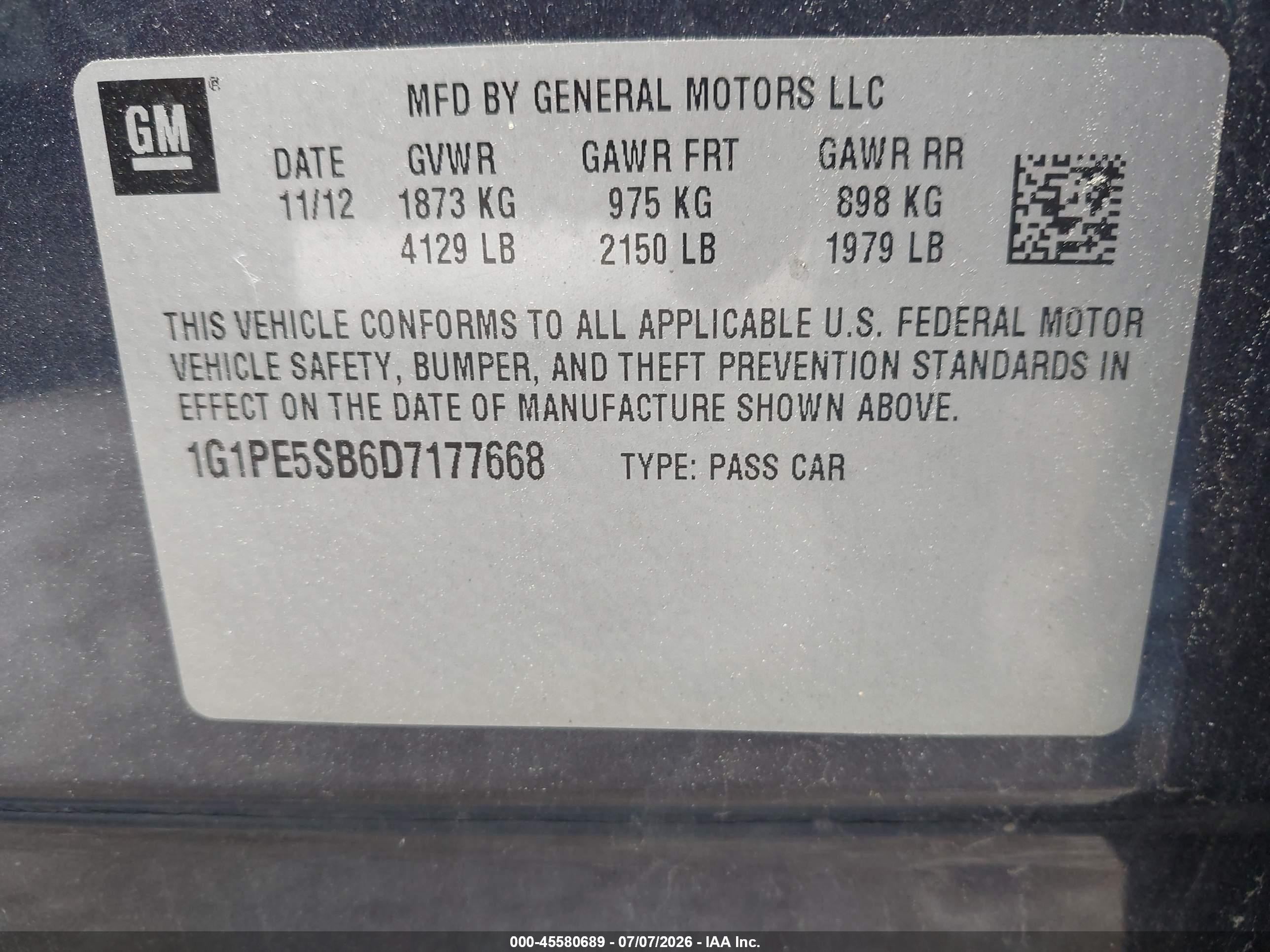 2013 Chevrolet Cruze 2lt Auto Blue vin: 1G1PE5SB6D7177668