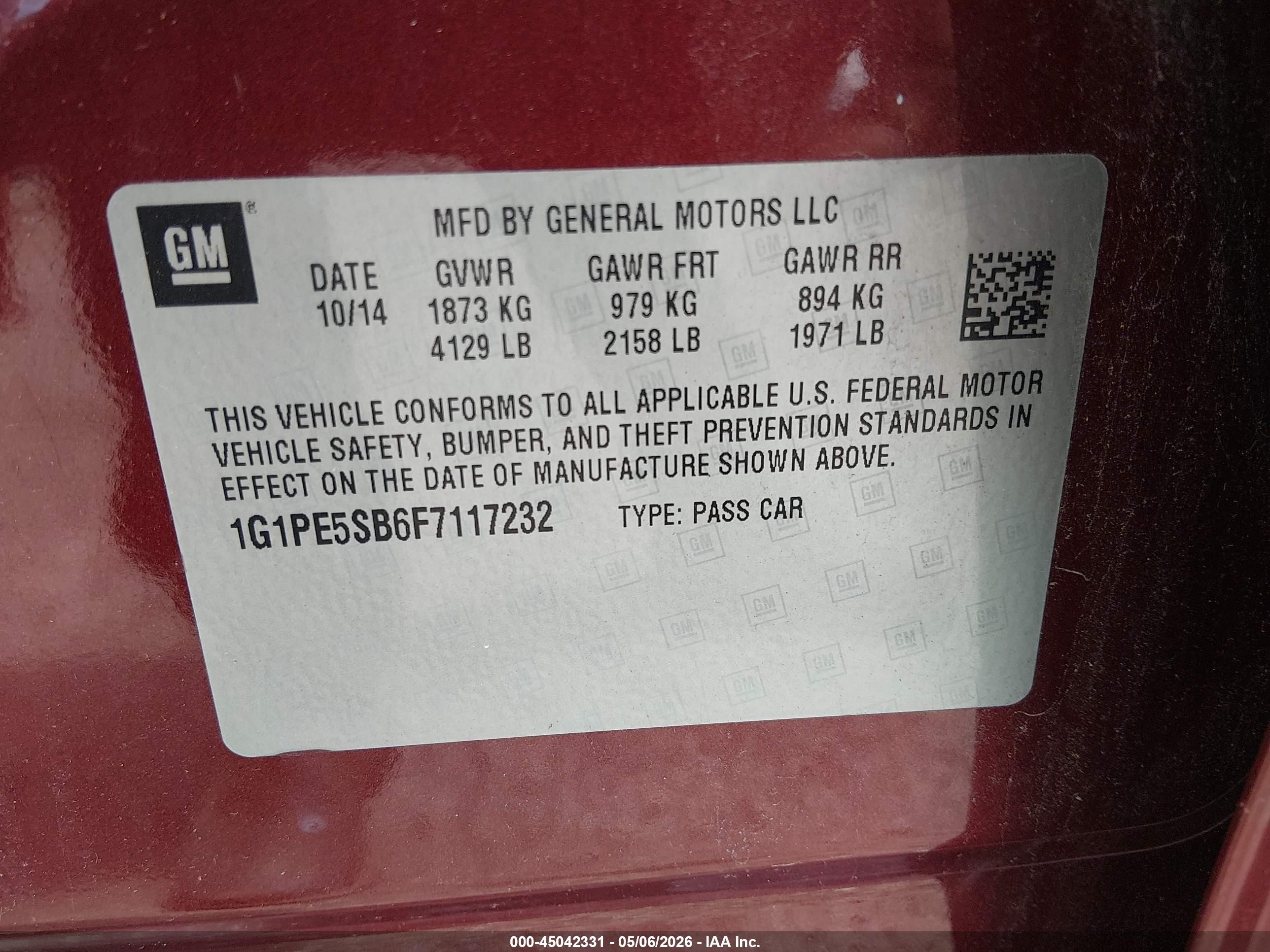 2015 Chevrolet Cruze 2lt Auto Red vin: 1G1PE5SB6F7117232