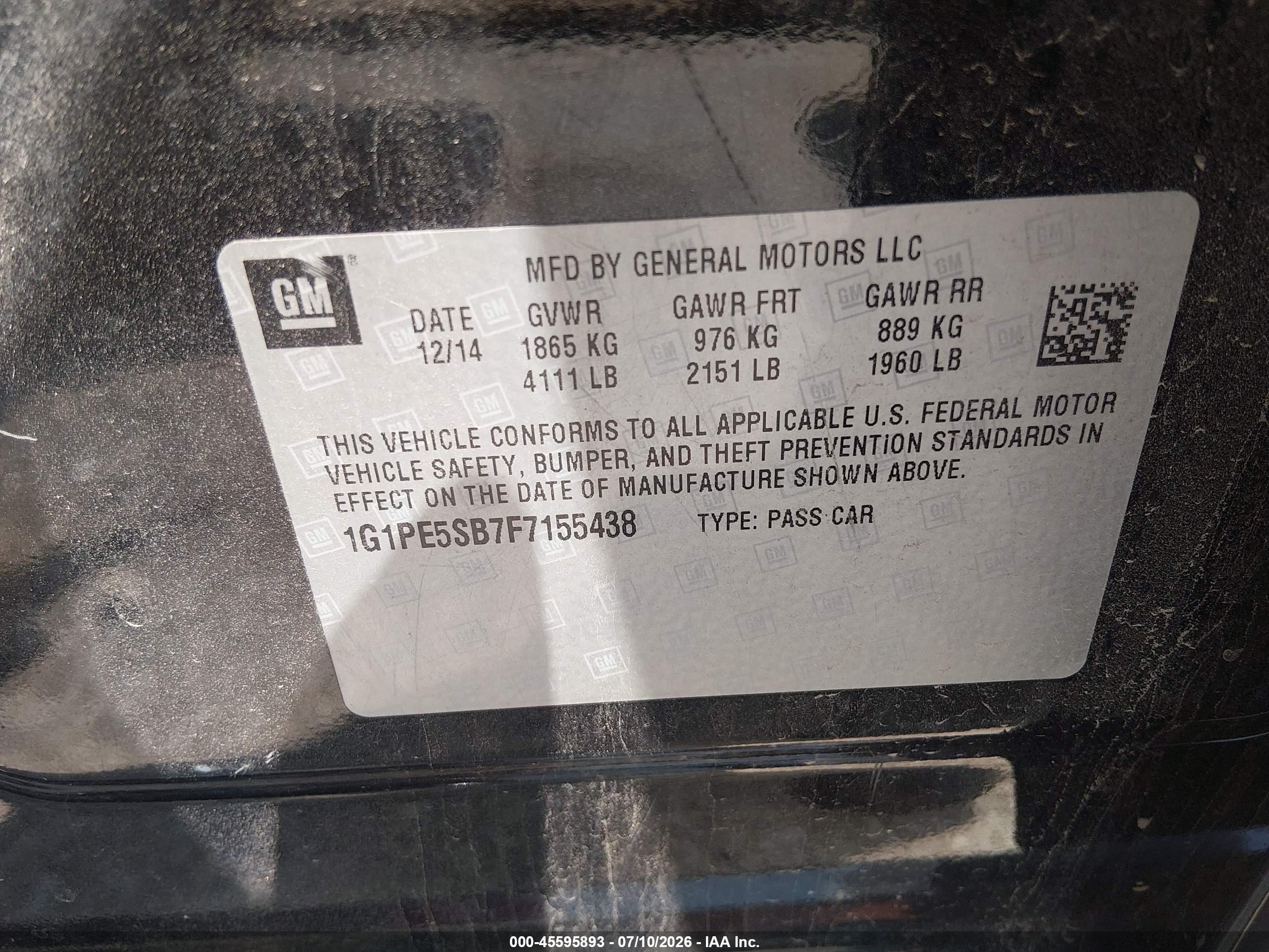 2015 Chevrolet Cruze 2lt Auto Black vin: 1G1PE5SB7F7155438
