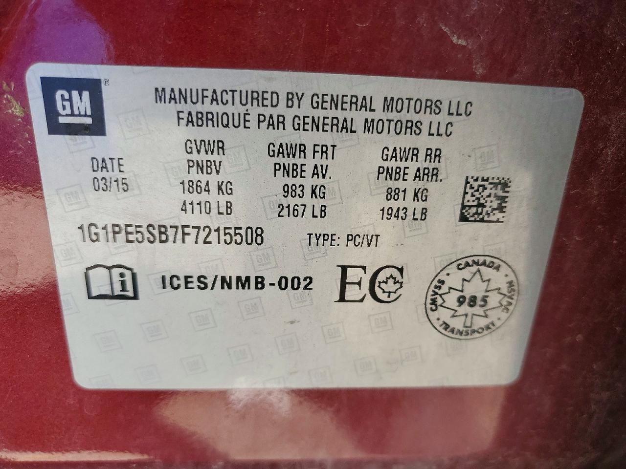 2015 Chevrolet Cruze Lt Maroon vin: 1G1PE5SB7F7215508
