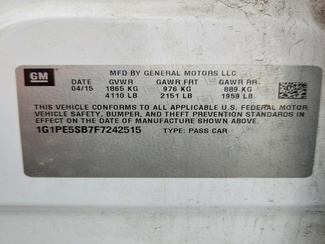 2015 Chevrolet Cruze Lt White vin: 1G1PE5SB7F7242515