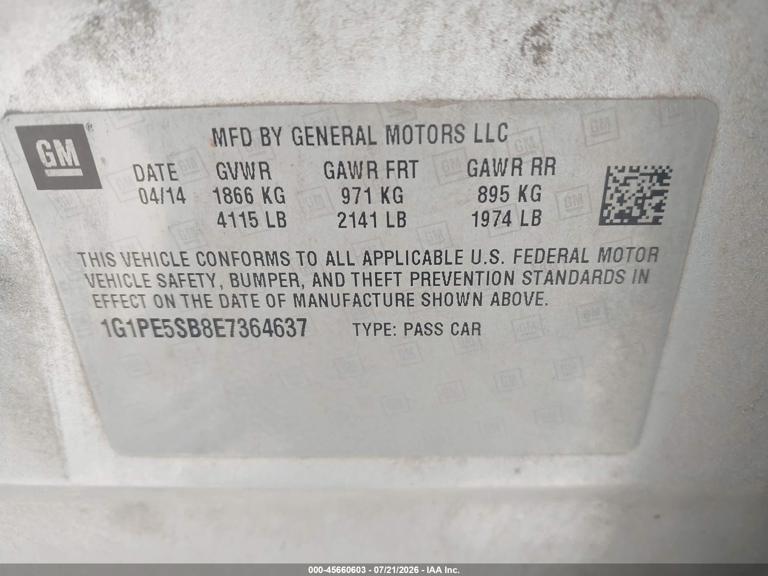 2014 Chevrolet Cruze 2lt Auto Серебряный vin: 1G1PE5SB8E7364637