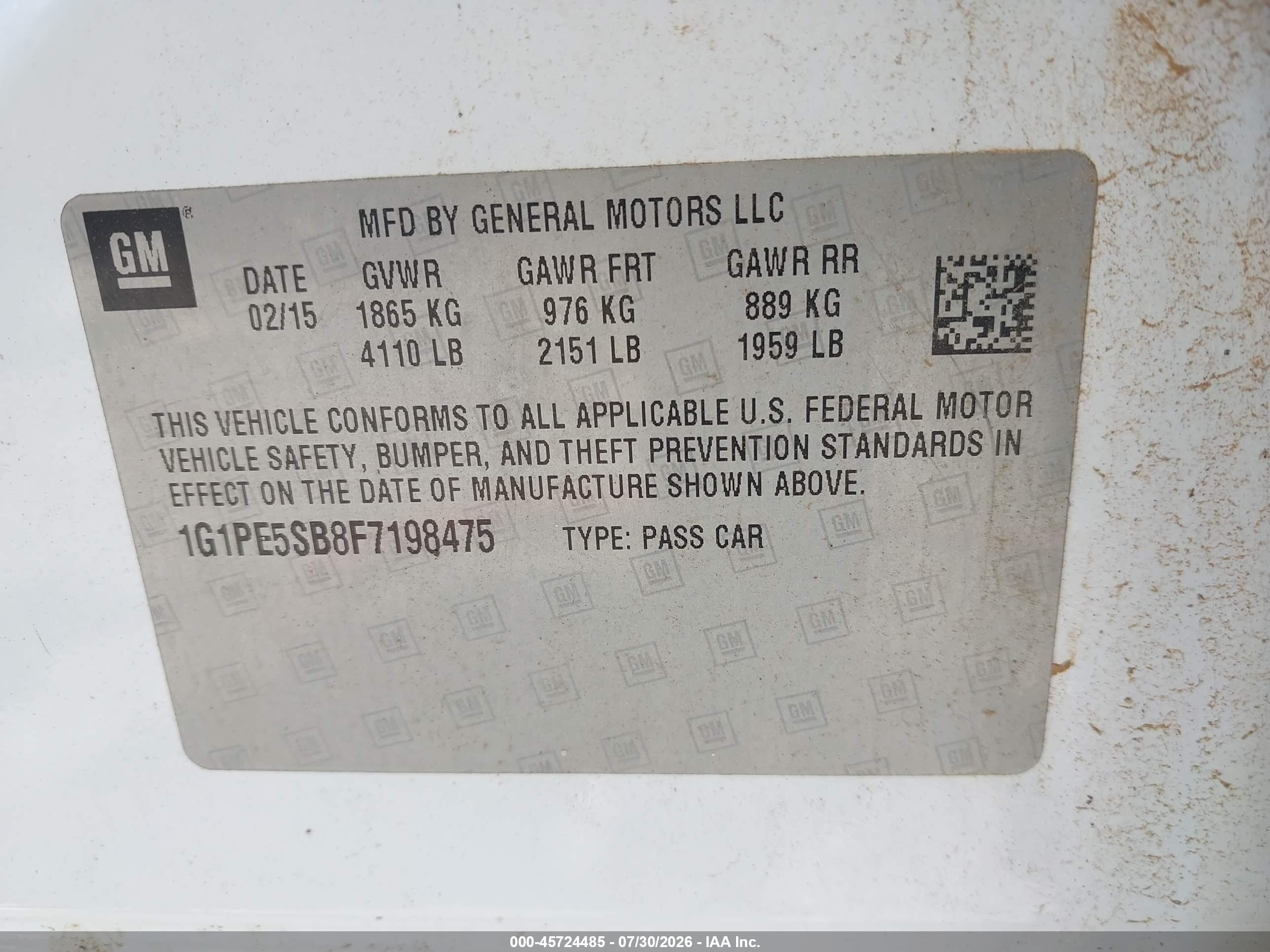 2015 Chevrolet Cruze 2lt Auto Белый vin: 1G1PE5SB8F7198475