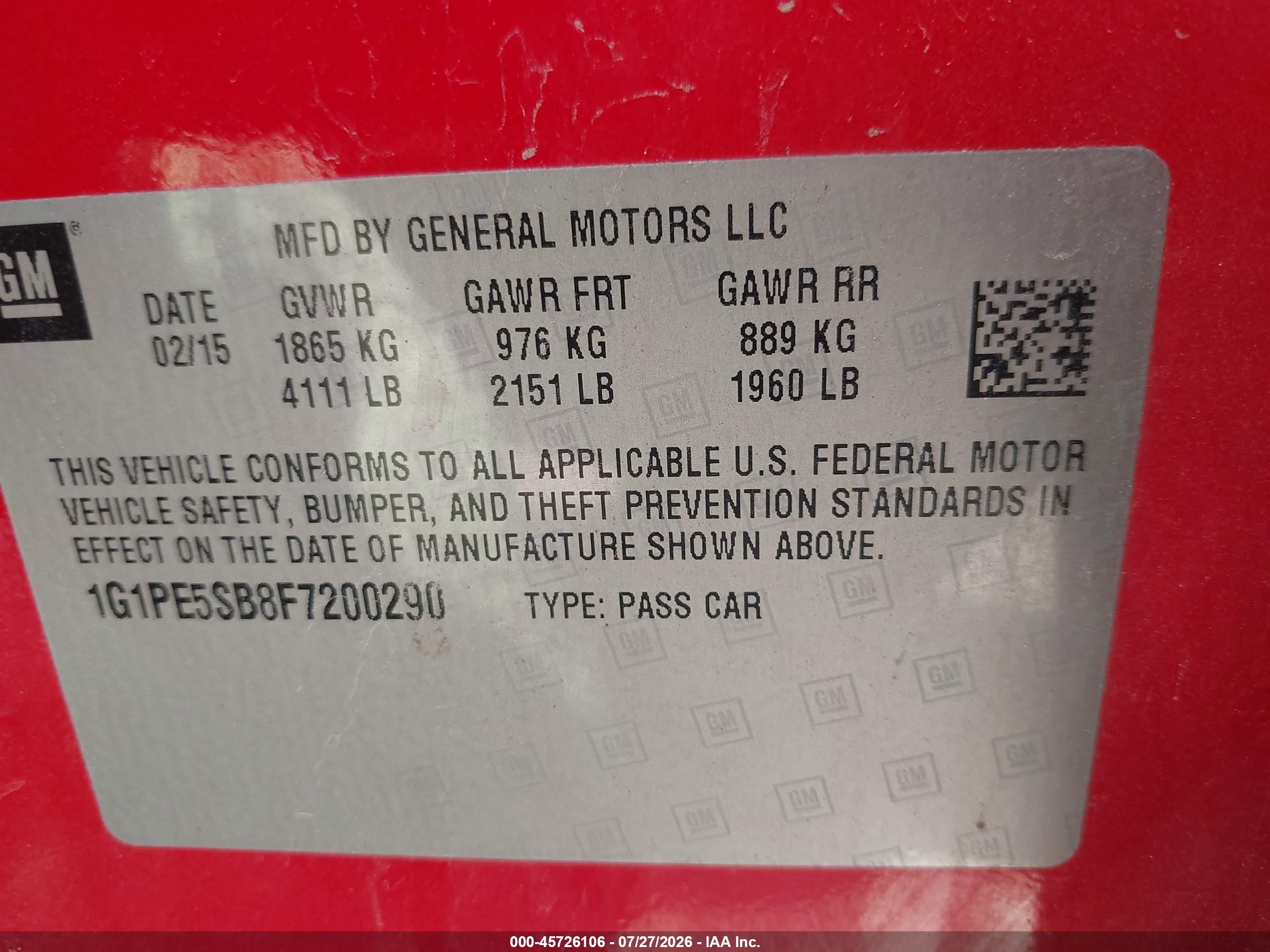 2015 Chevrolet Cruze 2lt Auto Red vin: 1G1PE5SB8F7200290