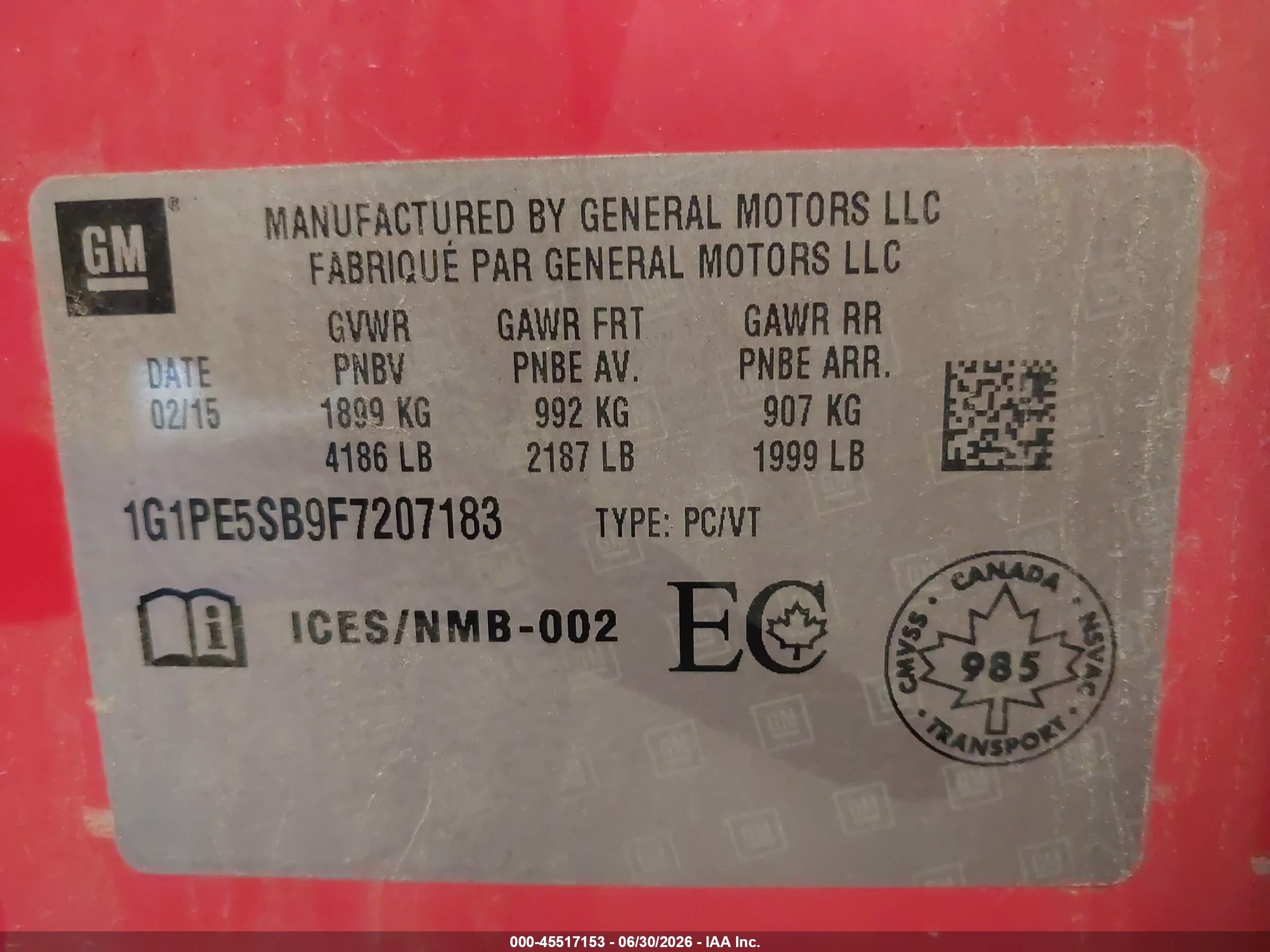 2015 Chevrolet Cruze 2lt Auto Red vin: 1G1PE5SB9F7207183