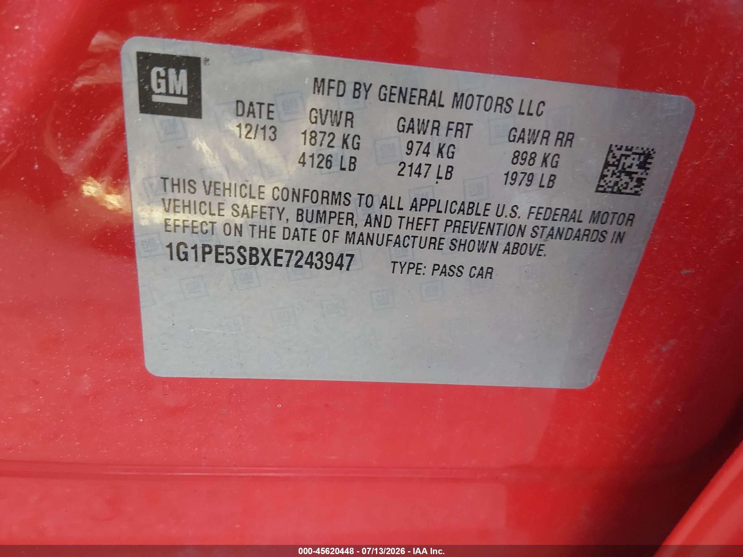 2014 Chevrolet Cruze 2lt Auto Красный vin: 1G1PE5SBXE7243947