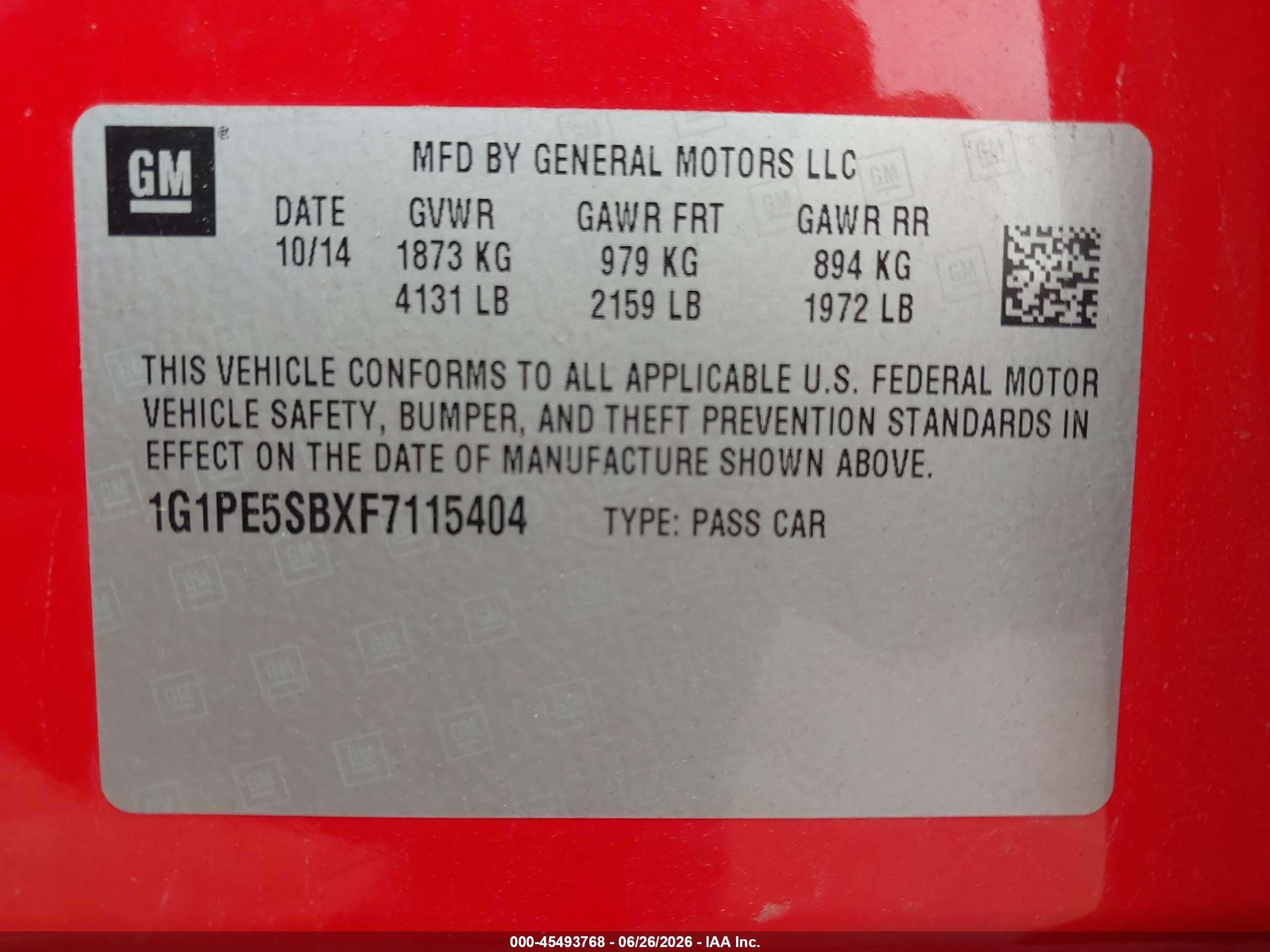2015 Chevrolet Cruze 2lt Auto Red vin: 1G1PE5SBXF7115404