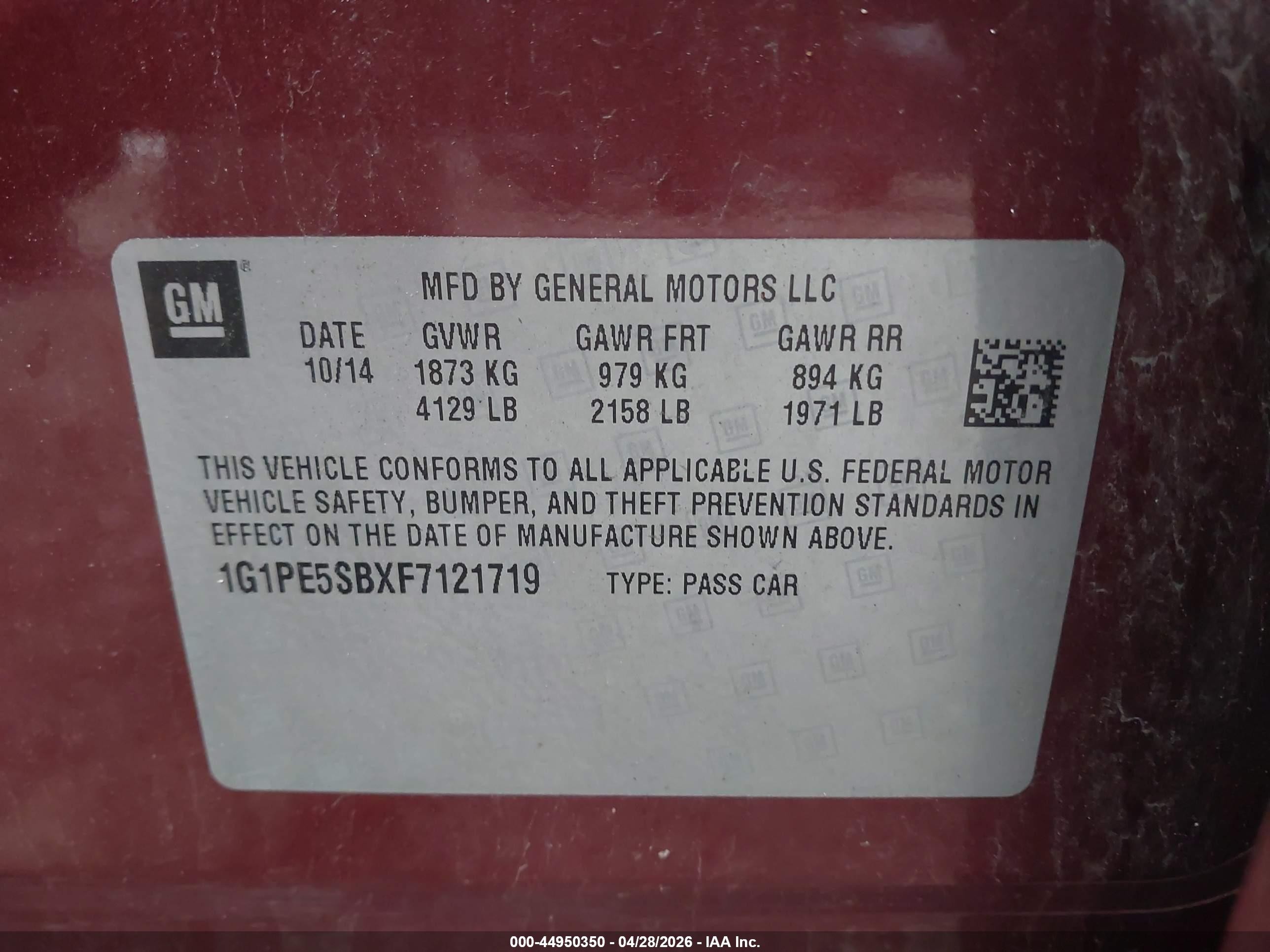 2015 Chevrolet Cruze 2lt Auto Red vin: 1G1PE5SBXF7121719
