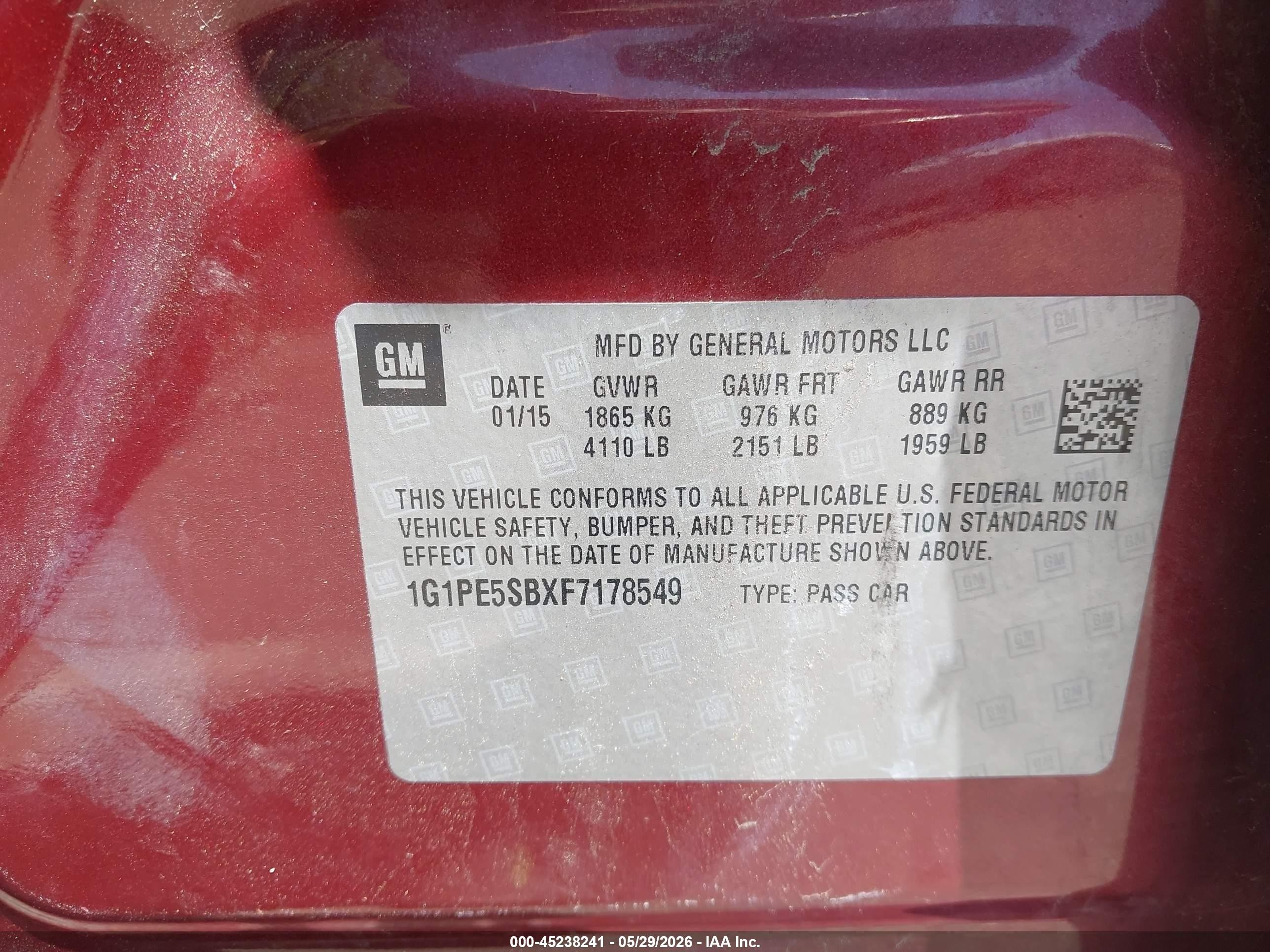 2015 Chevrolet Cruze 2lt Auto Red vin: 1G1PE5SBXF7178549