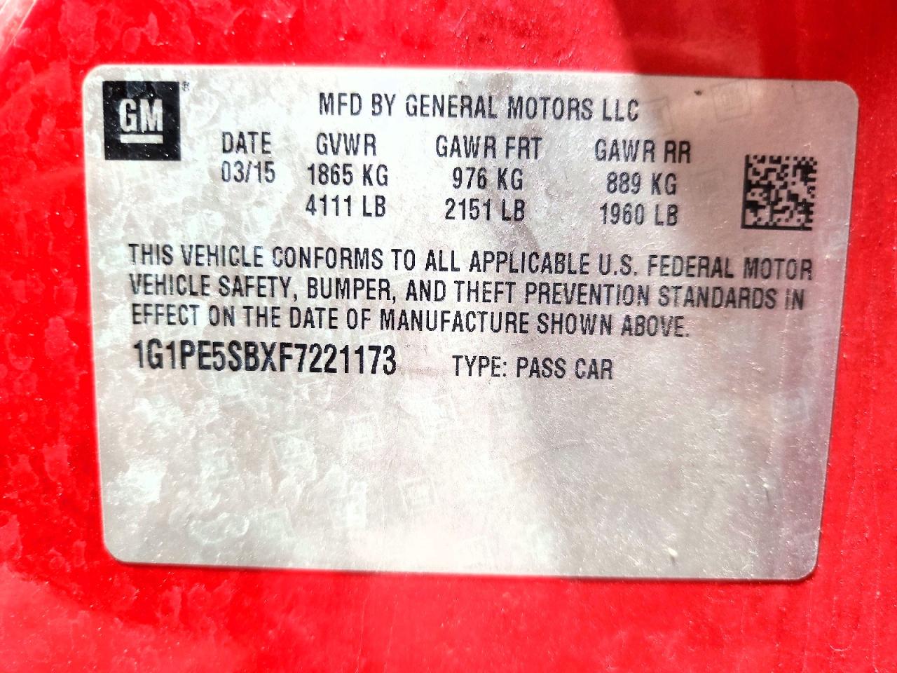 2015 Chevrolet Cruze Lt Red vin: 1G1PE5SBXF7221173