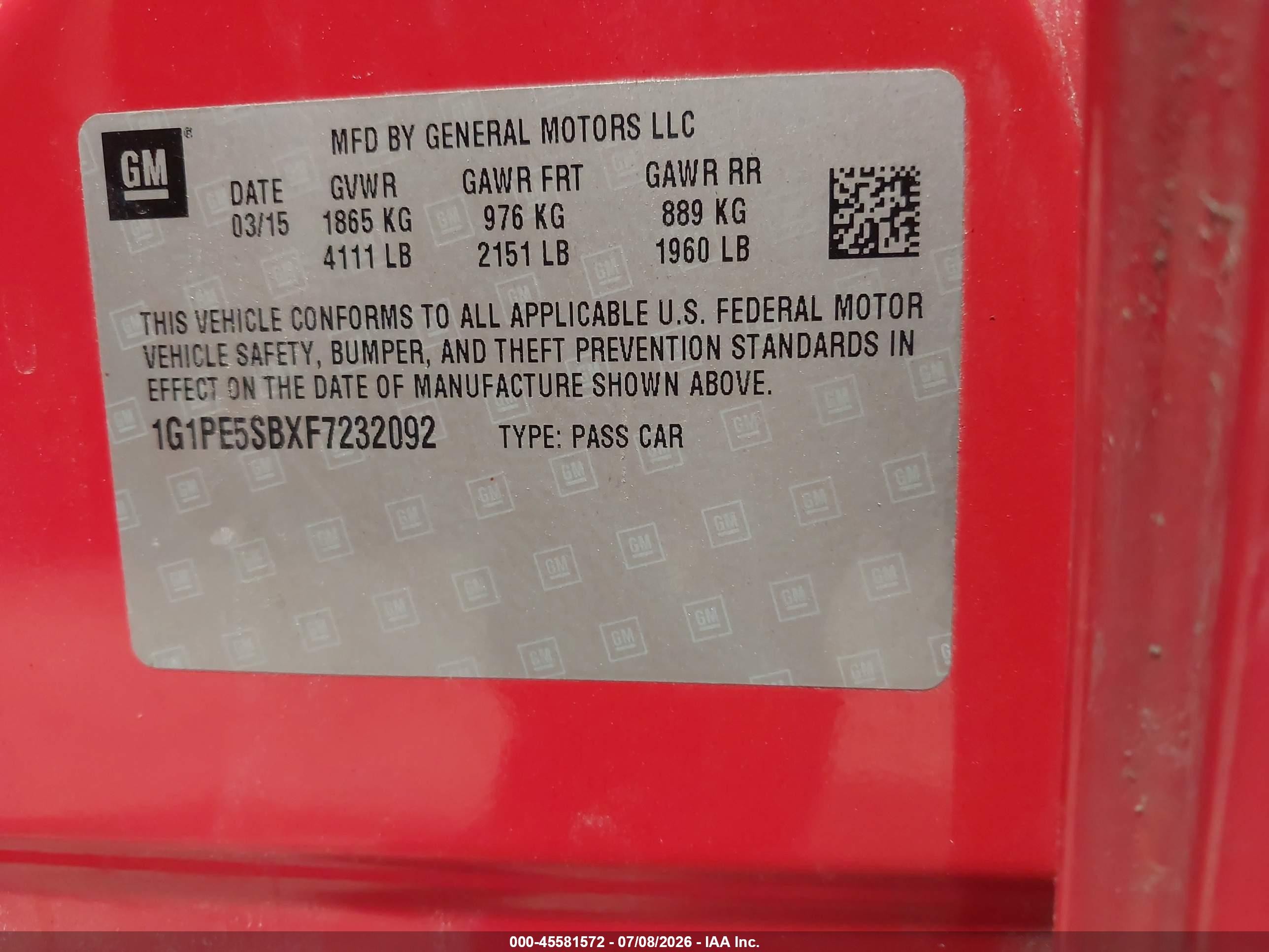 2015 Chevrolet Cruze 2lt Auto Red vin: 1G1PE5SBXF7232092