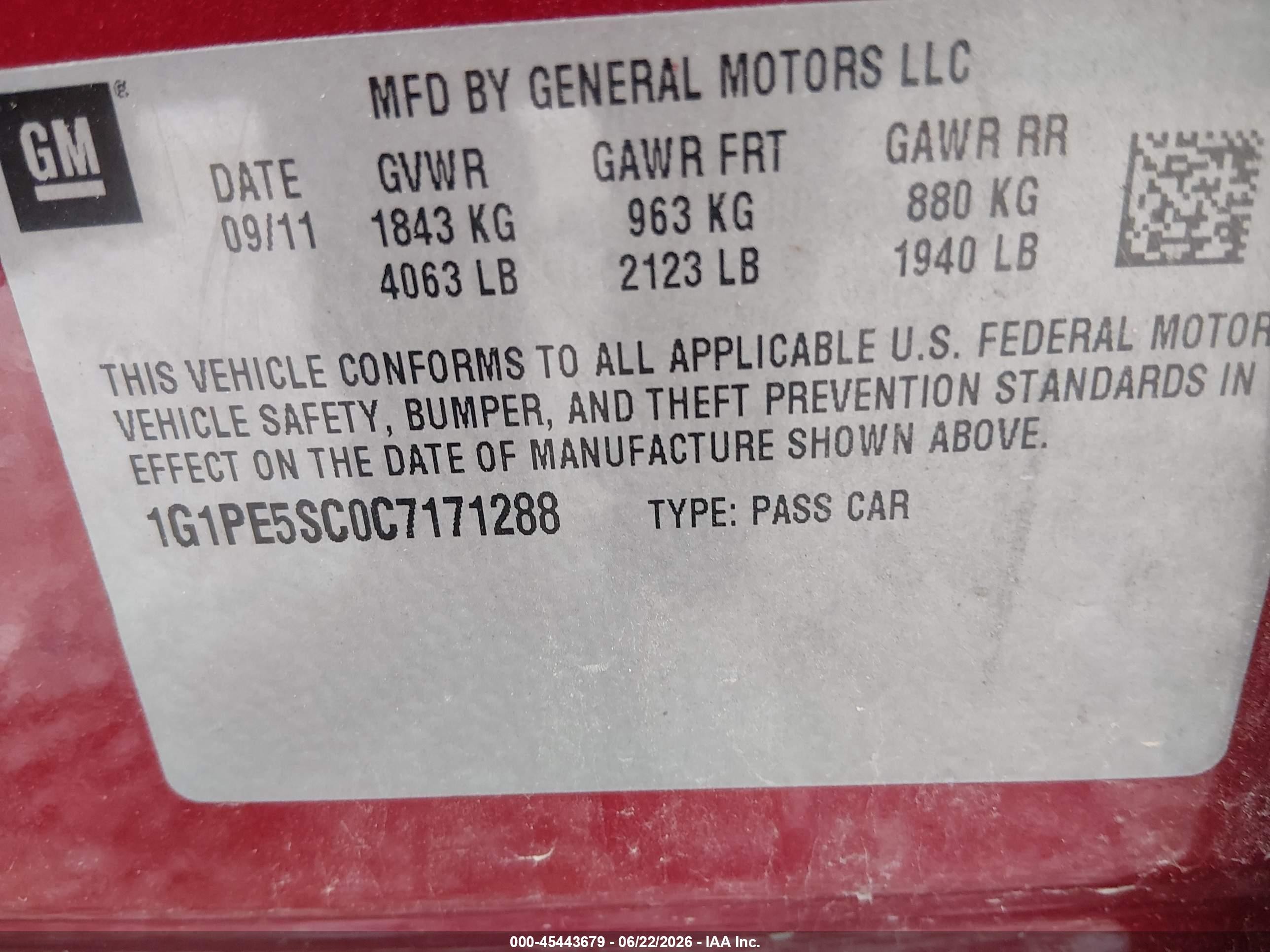 2012 Chevrolet Cruze Lt Red vin: 1G1PE5SC0C7171288