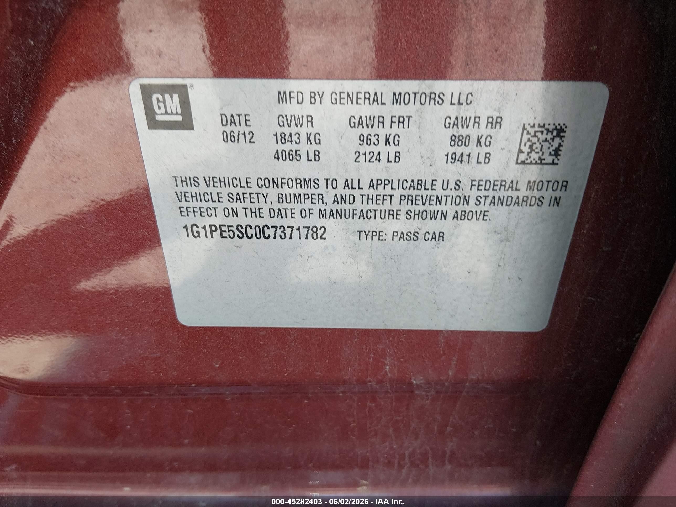 2012 Chevrolet Cruze Lt Red vin: 1G1PE5SC0C7371782