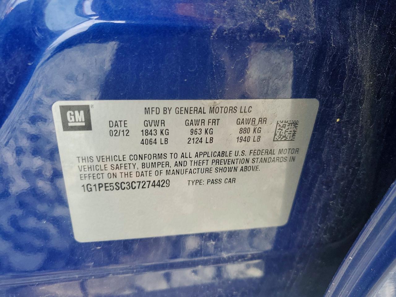 2012 Chevrolet Cruze Lt Blue vin: 1G1PE5SC3C7274429