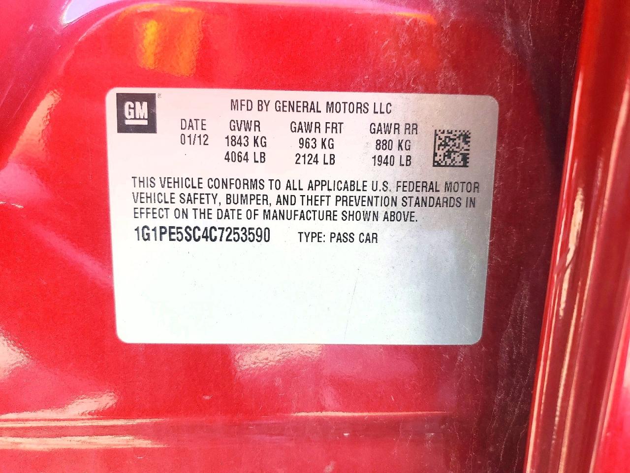 2012 Chevrolet Cruze Lt Red vin: 1G1PE5SC4C7253590