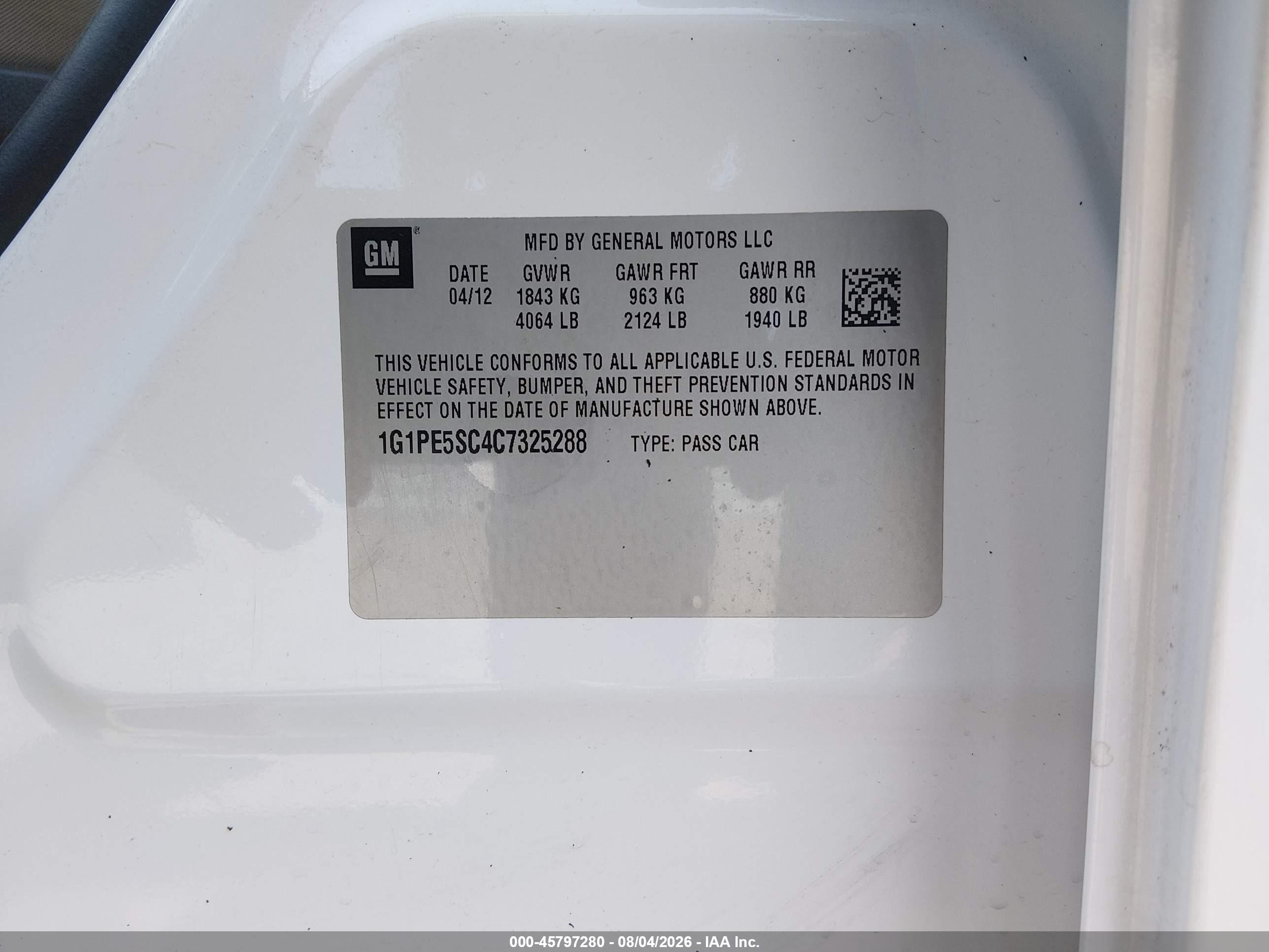 2012 Chevrolet Cruze Lt White vin: 1G1PE5SC4C7325288