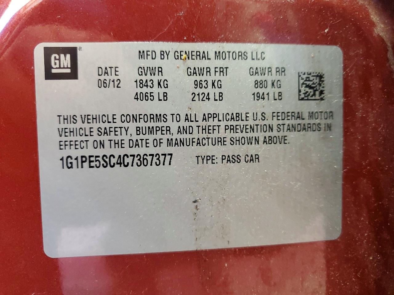 2012 Chevrolet Cruze Lt Maroon vin: 1G1PE5SC4C7367377