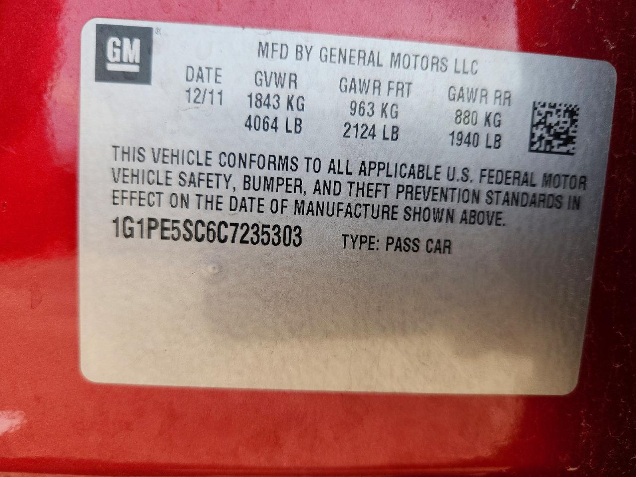 2012 Chevrolet Cruze Lt Red vin: 1G1PE5SC6C7235303