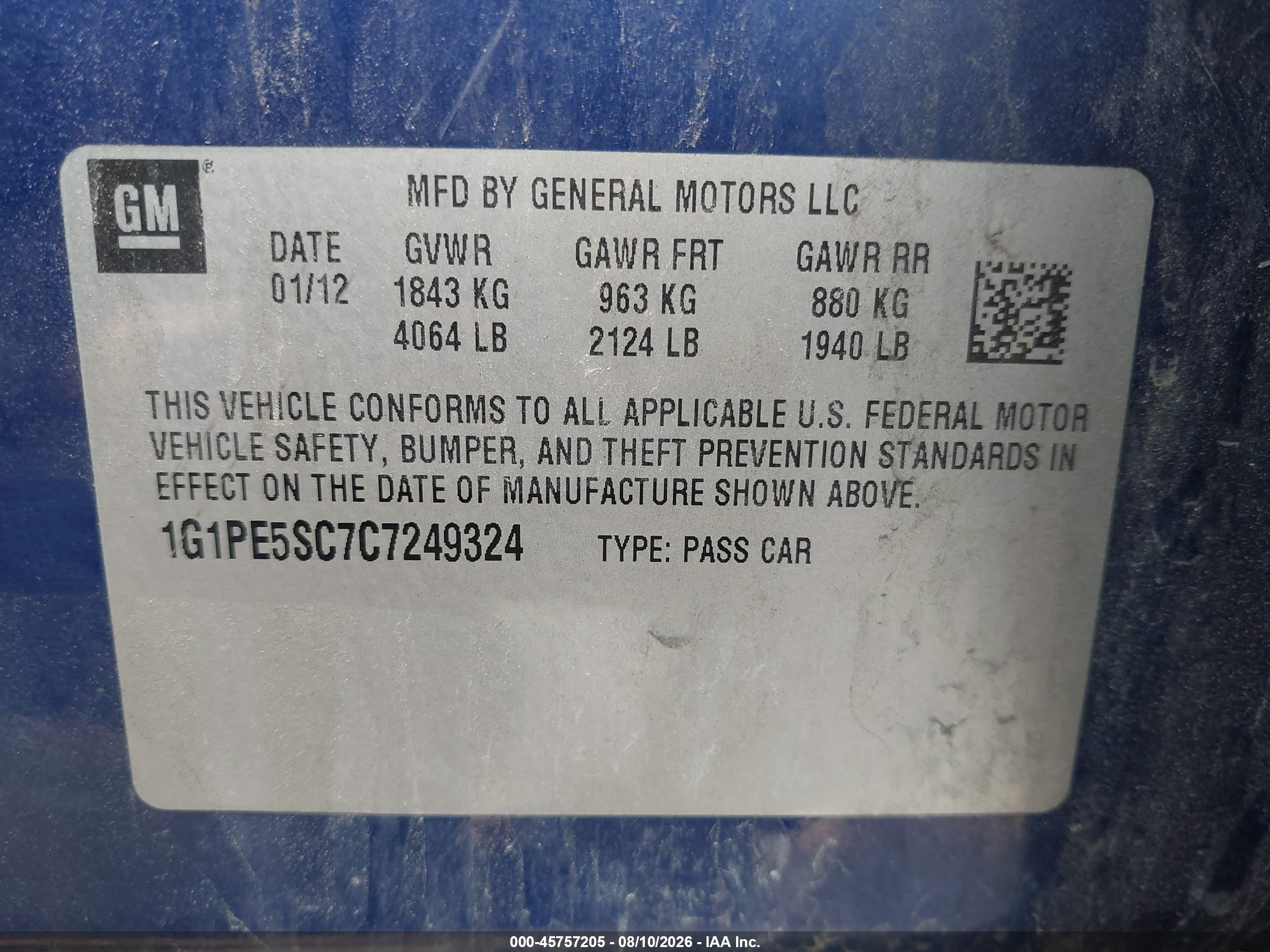 2012 Chevrolet Cruze Lt Blue vin: 1G1PE5SC7C7249324