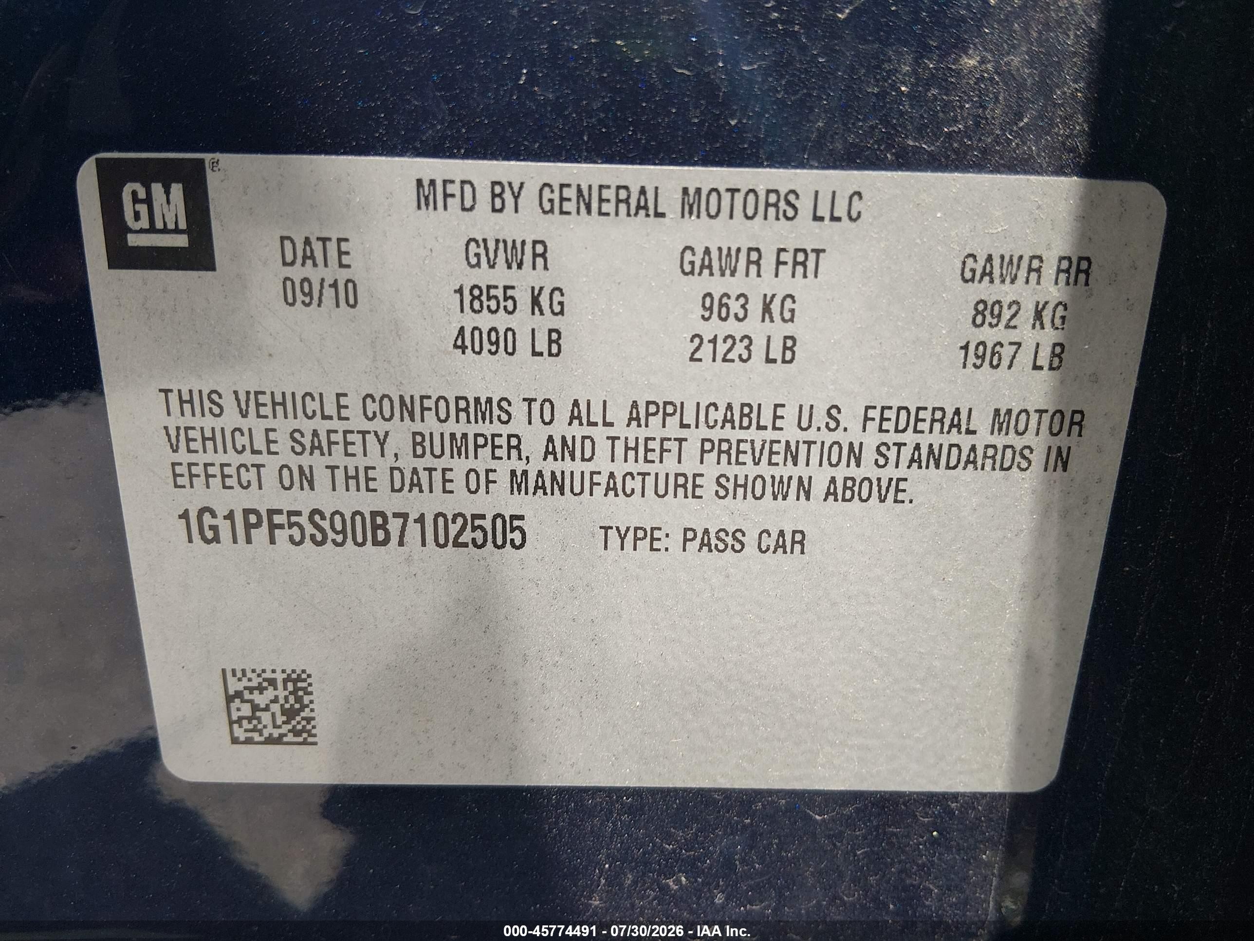 2011 Chevrolet Cruze 1lt Blue vin: 1G1PF5S90B7102505