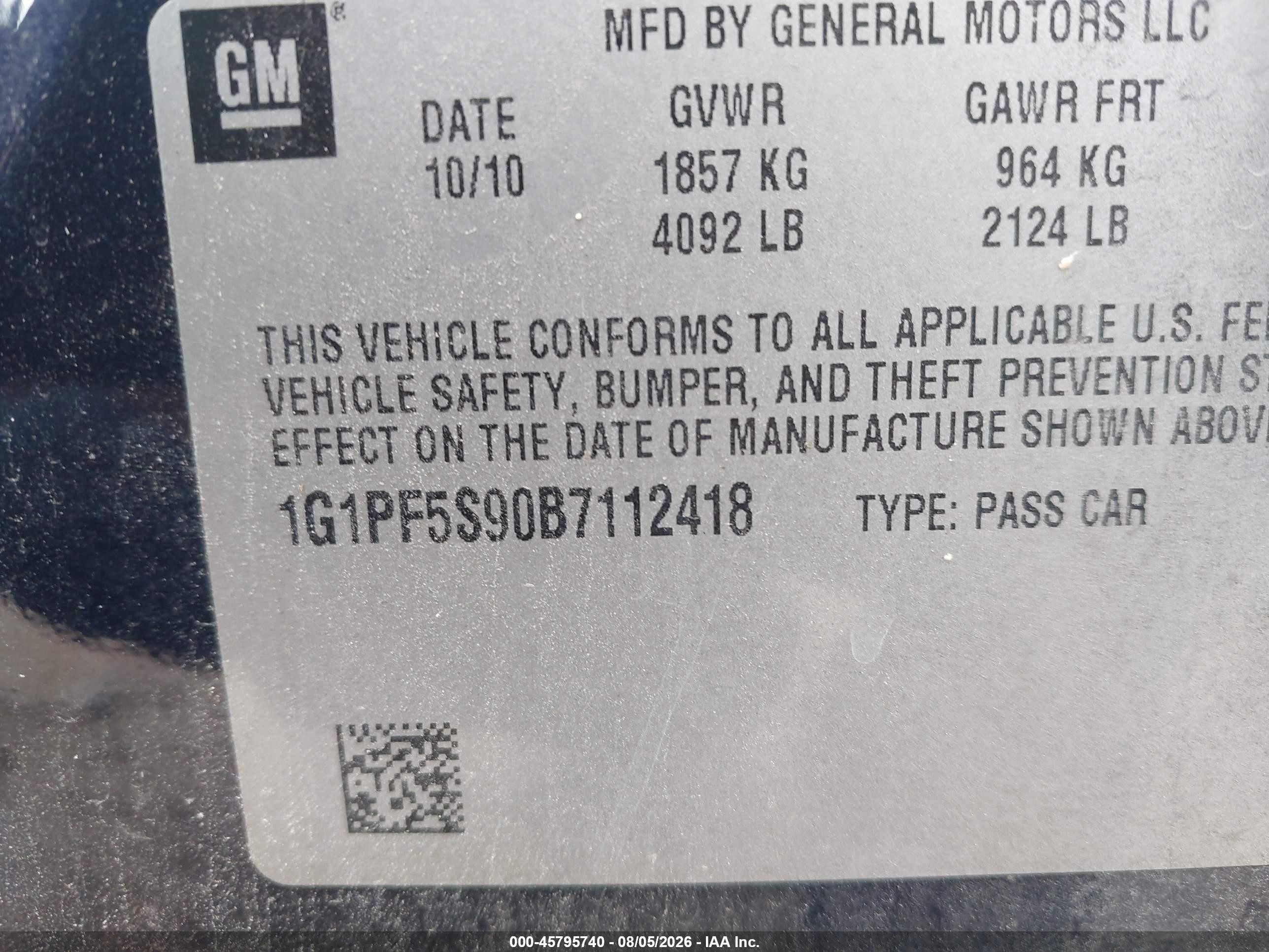 2011 Chevrolet Cruze 1lt Blue vin: 1G1PF5S90B7112418