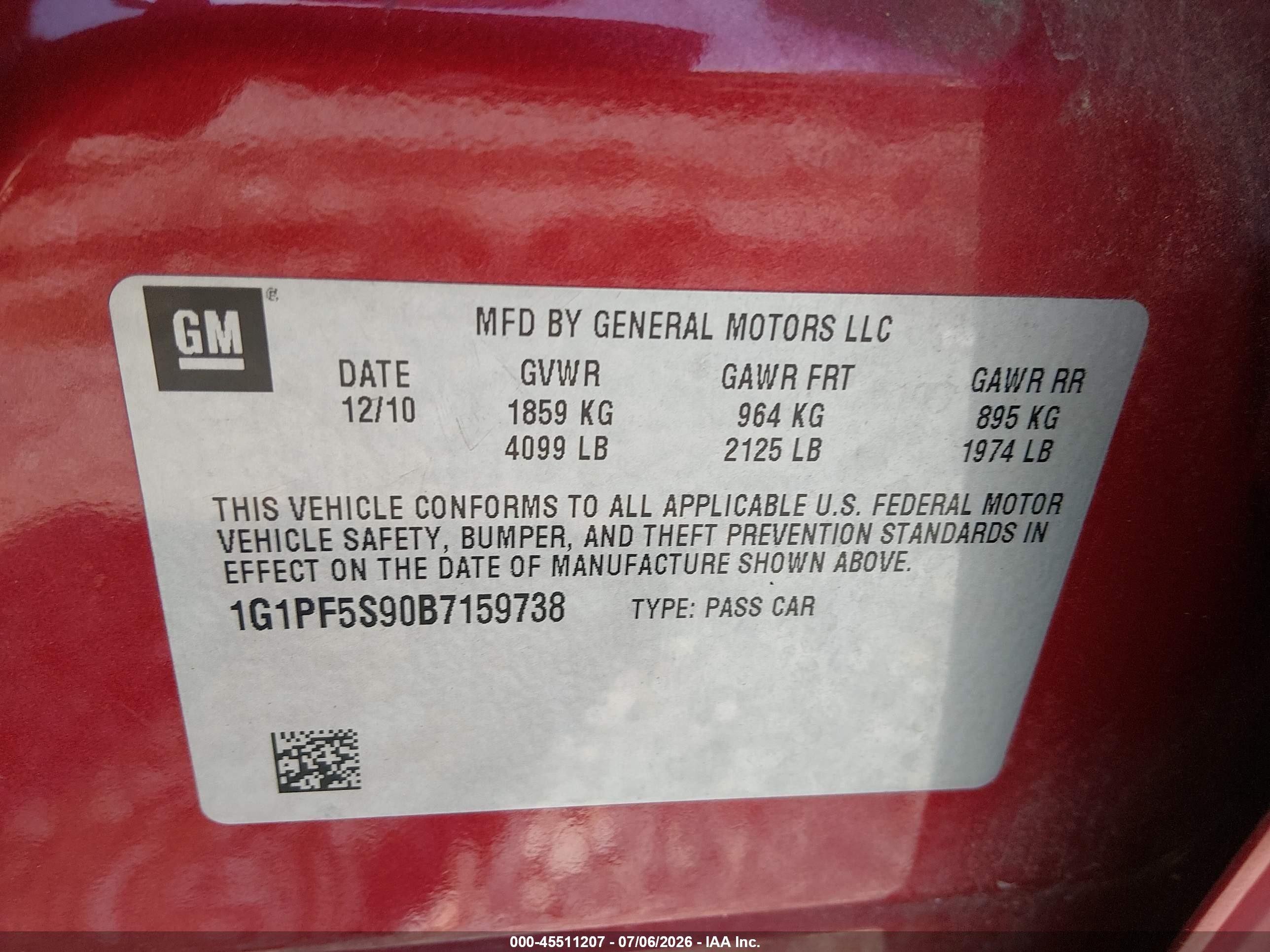 2011 Chevrolet Cruze 1lt Red vin: 1G1PF5S90B7159738