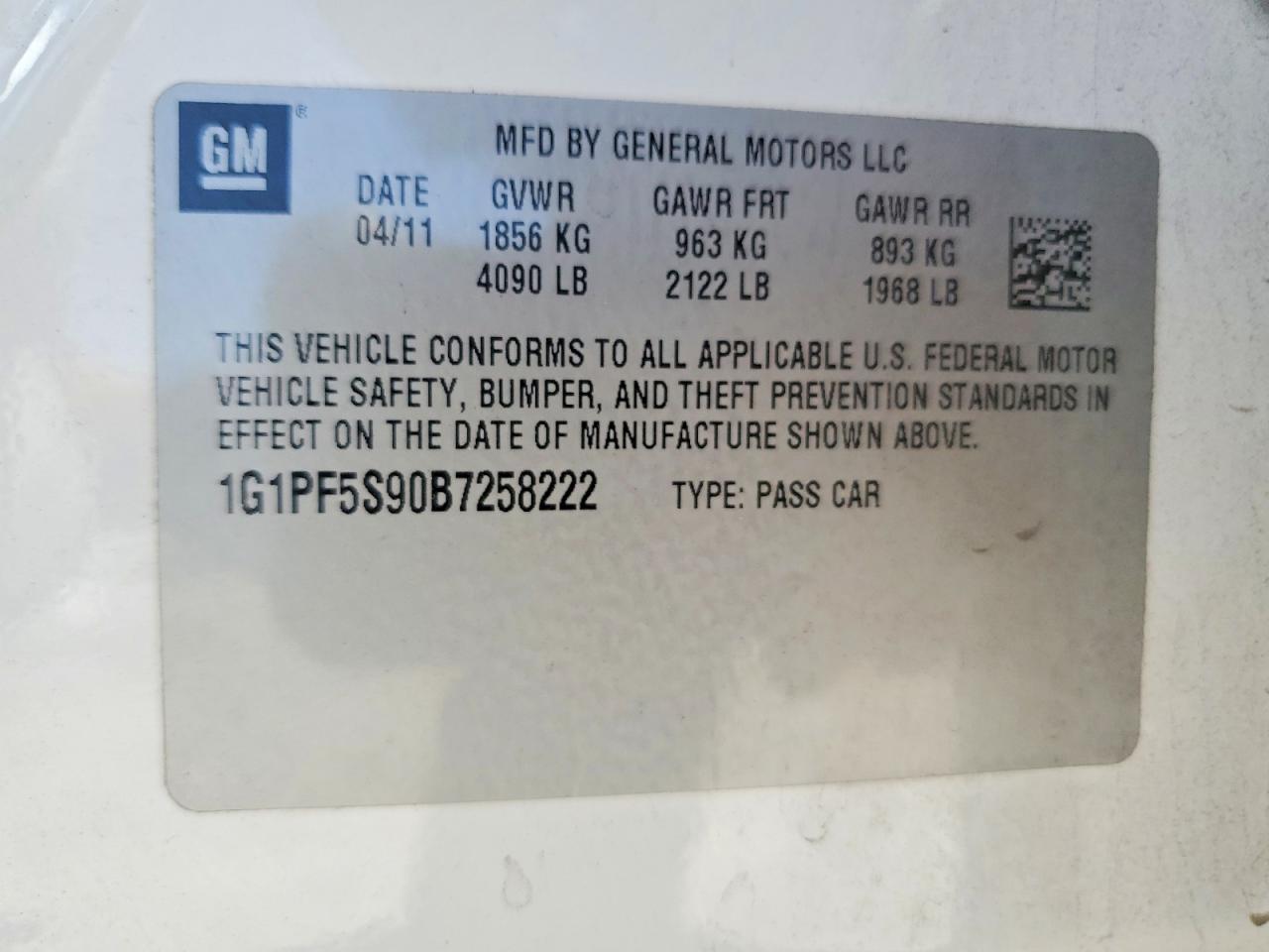 2011 Chevrolet Cruze Lt White vin: 1G1PF5S90B7258222