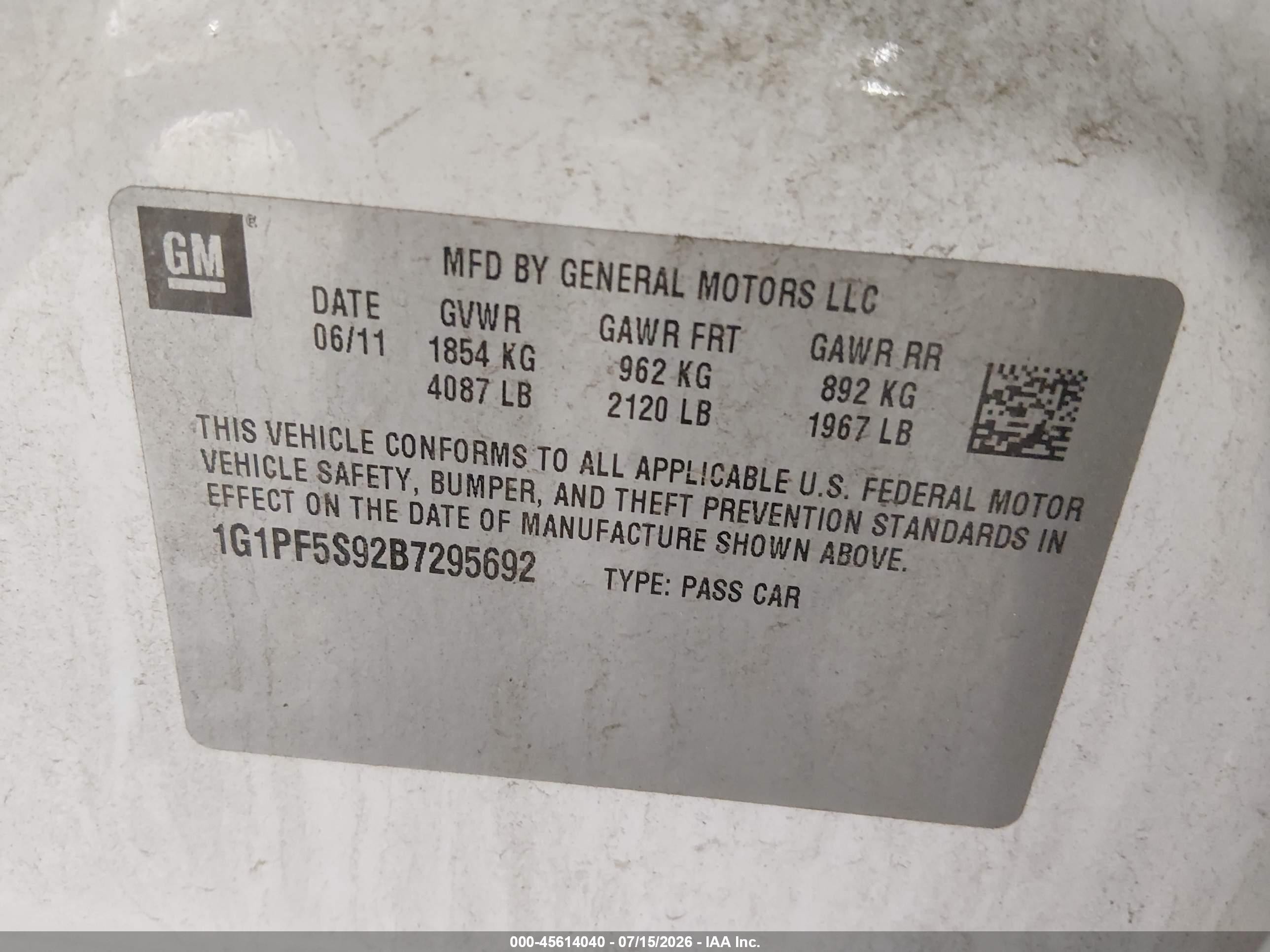 2011 Chevrolet Cruze 1lt White vin: 1G1PF5S92B7295692