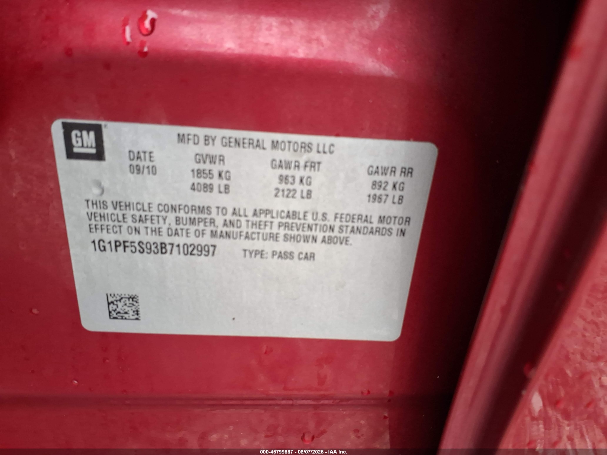 2011 Chevrolet Cruze 1lt Red vin: 1G1PF5S93B7102997