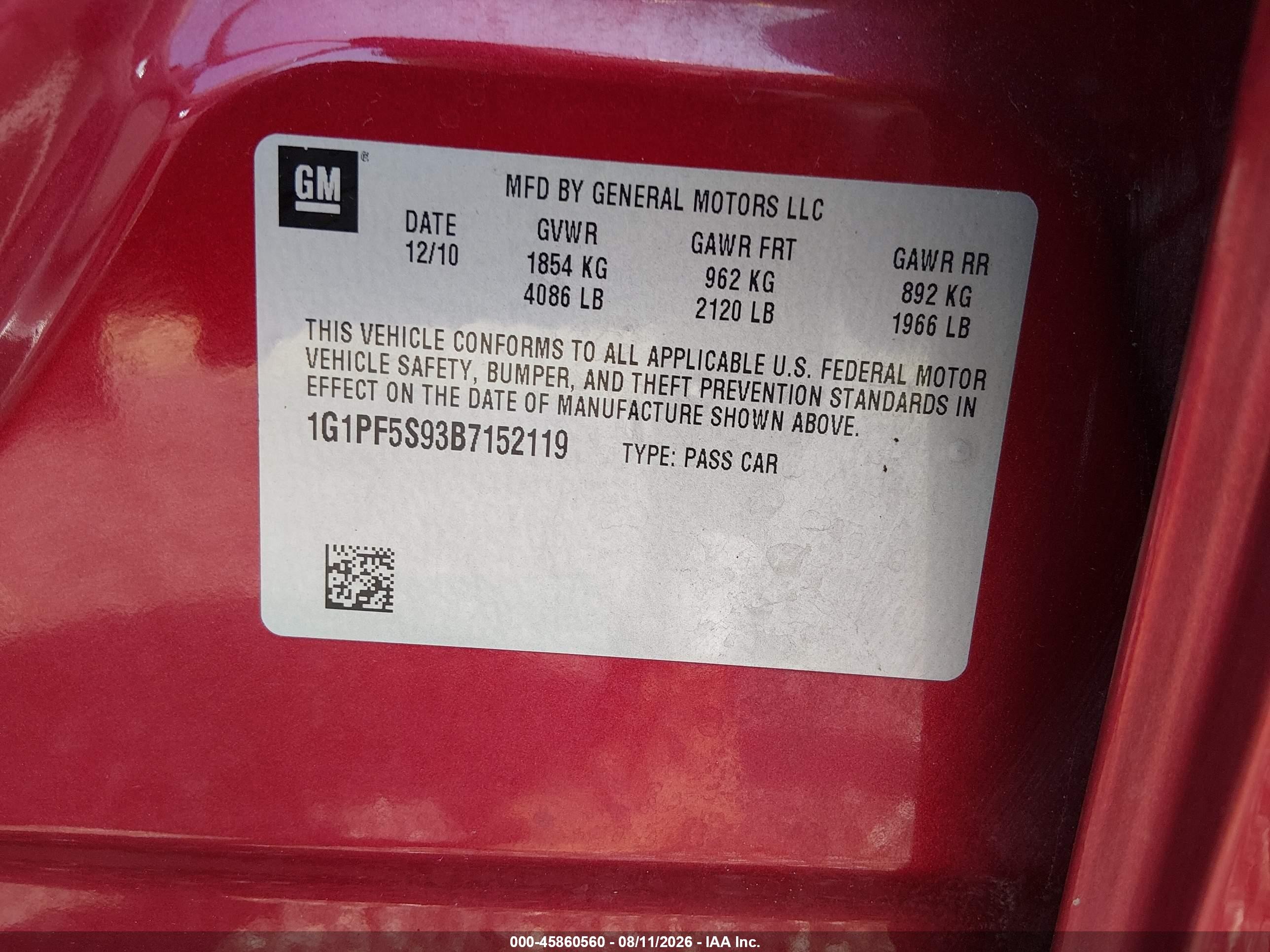 2011 Chevrolet Cruze 1lt Red vin: 1G1PF5S93B7152119