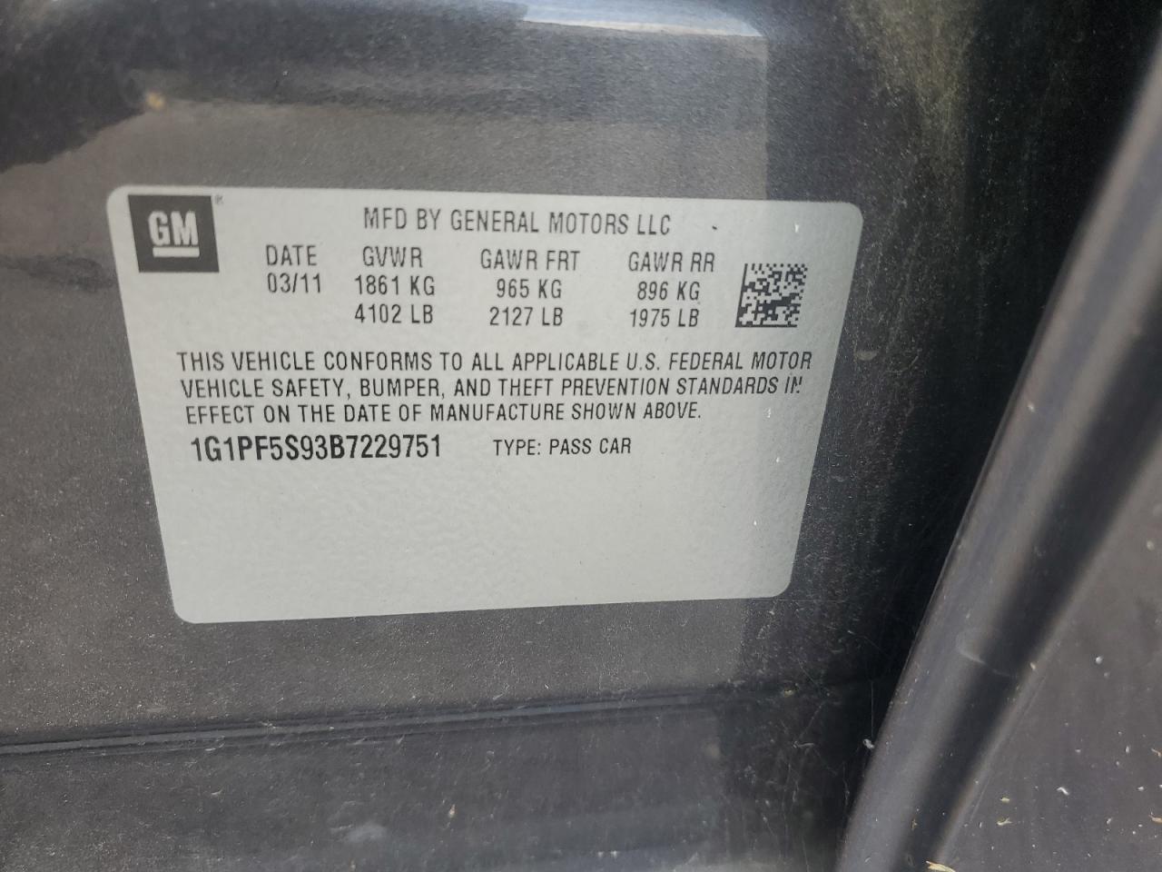 2011 Chevrolet Cruze Lt Gray vin: 1G1PF5S93B7229751