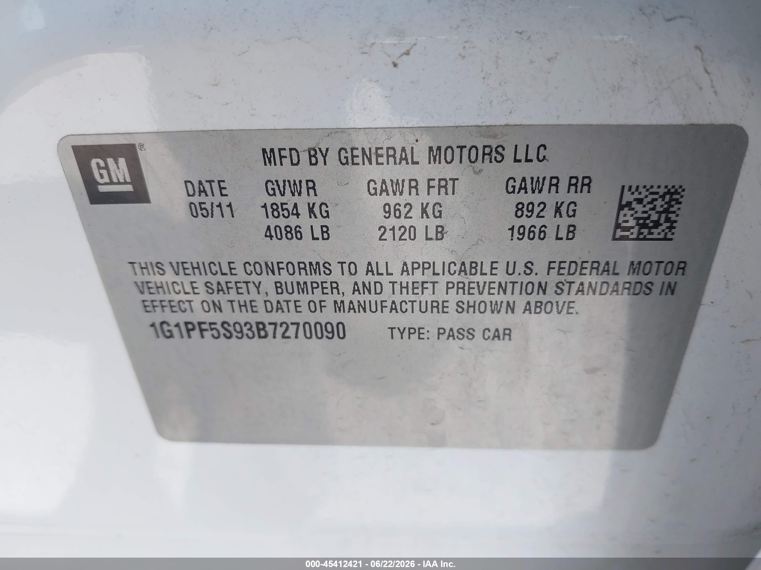 2011 Chevrolet Cruze 1lt White vin: 1G1PF5S93B7270090