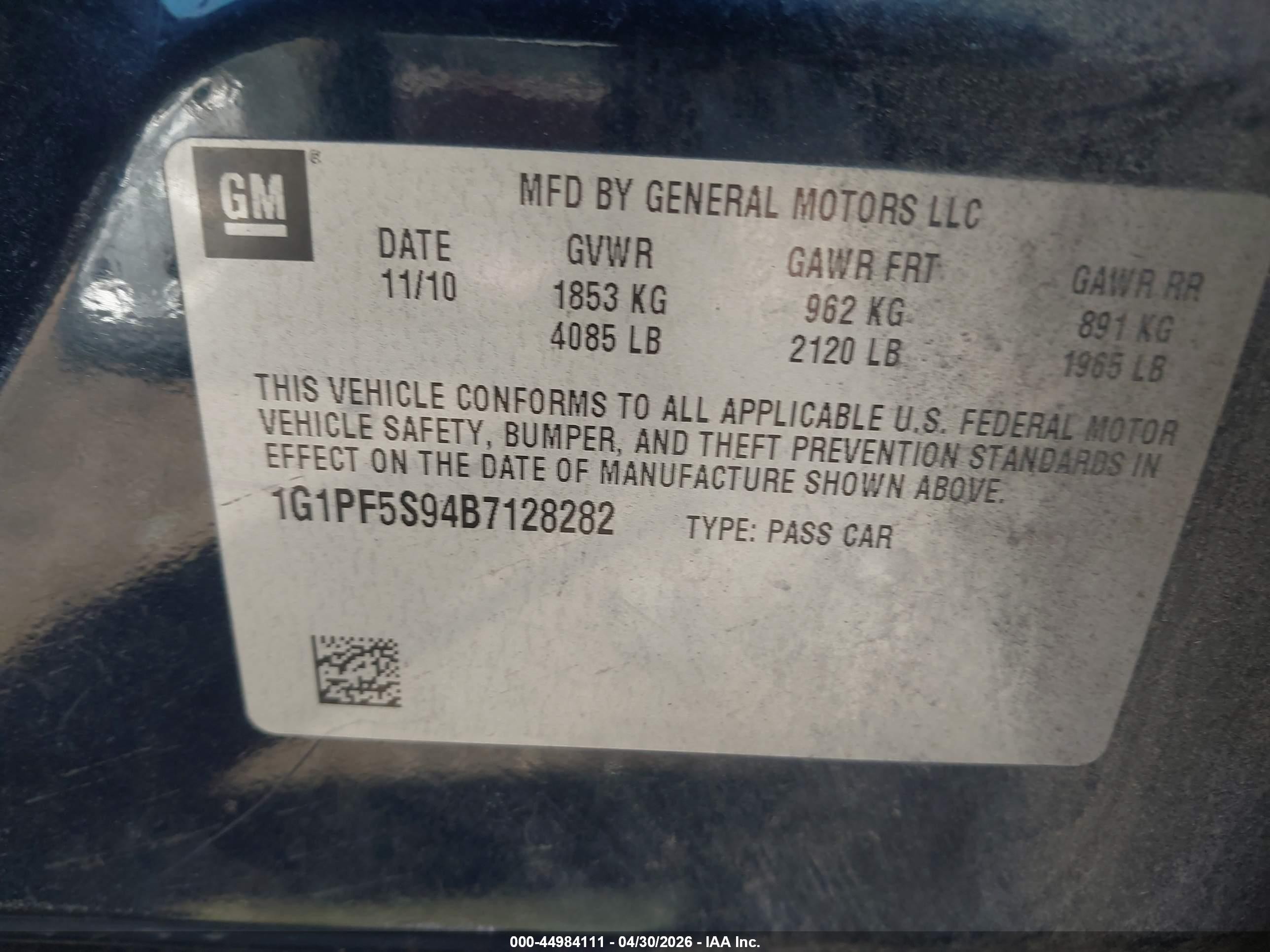 2011 Chevrolet Cruze 1lt Blue vin: 1G1PF5S94B7128282