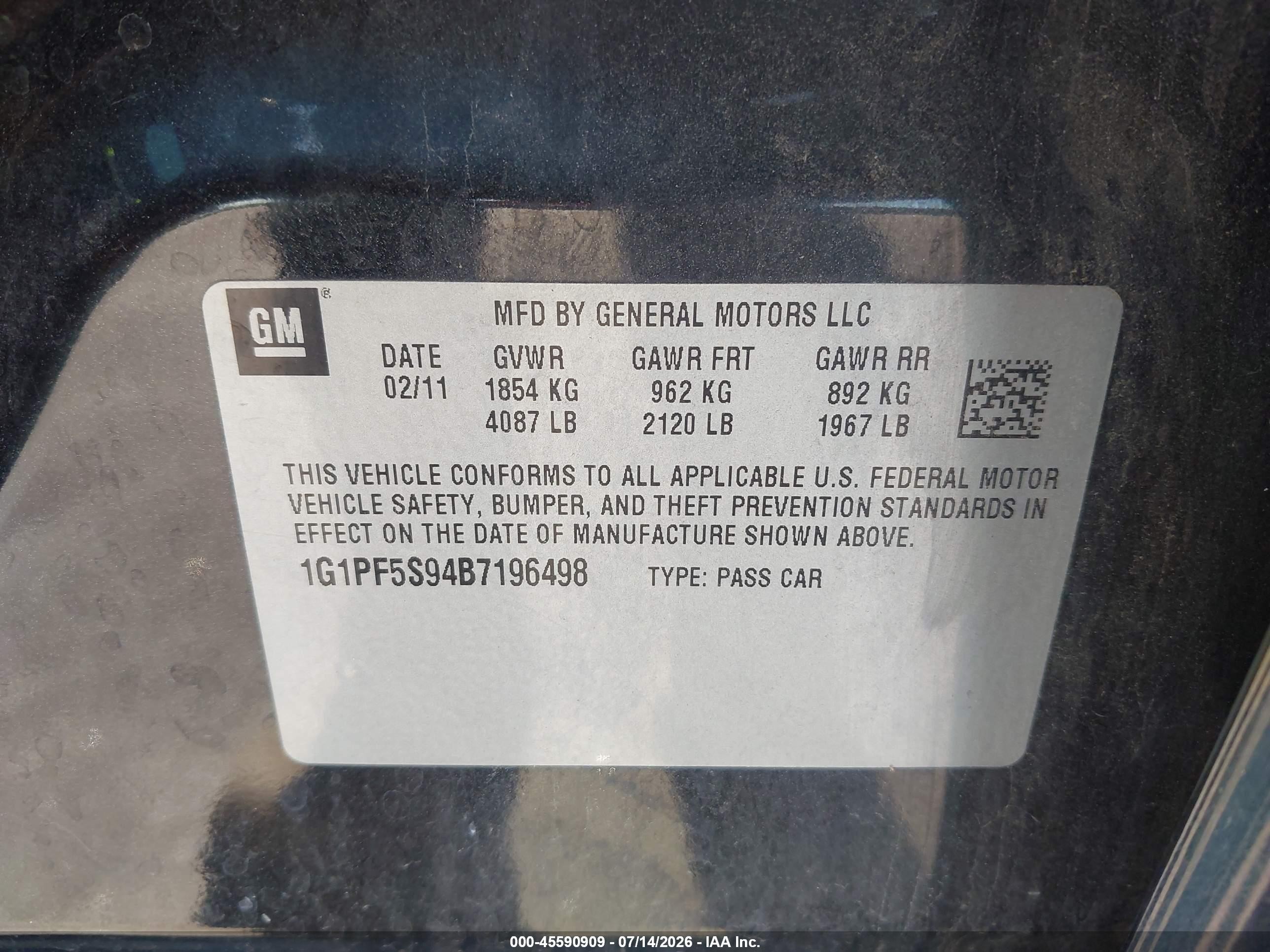2011 Chevrolet Cruze 1lt Black vin: 1G1PF5S94B7196498