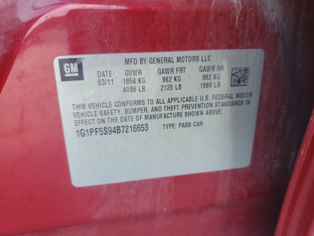 2011 Chevrolet Cruze Lt Red vin: 1G1PF5S94B7216653
