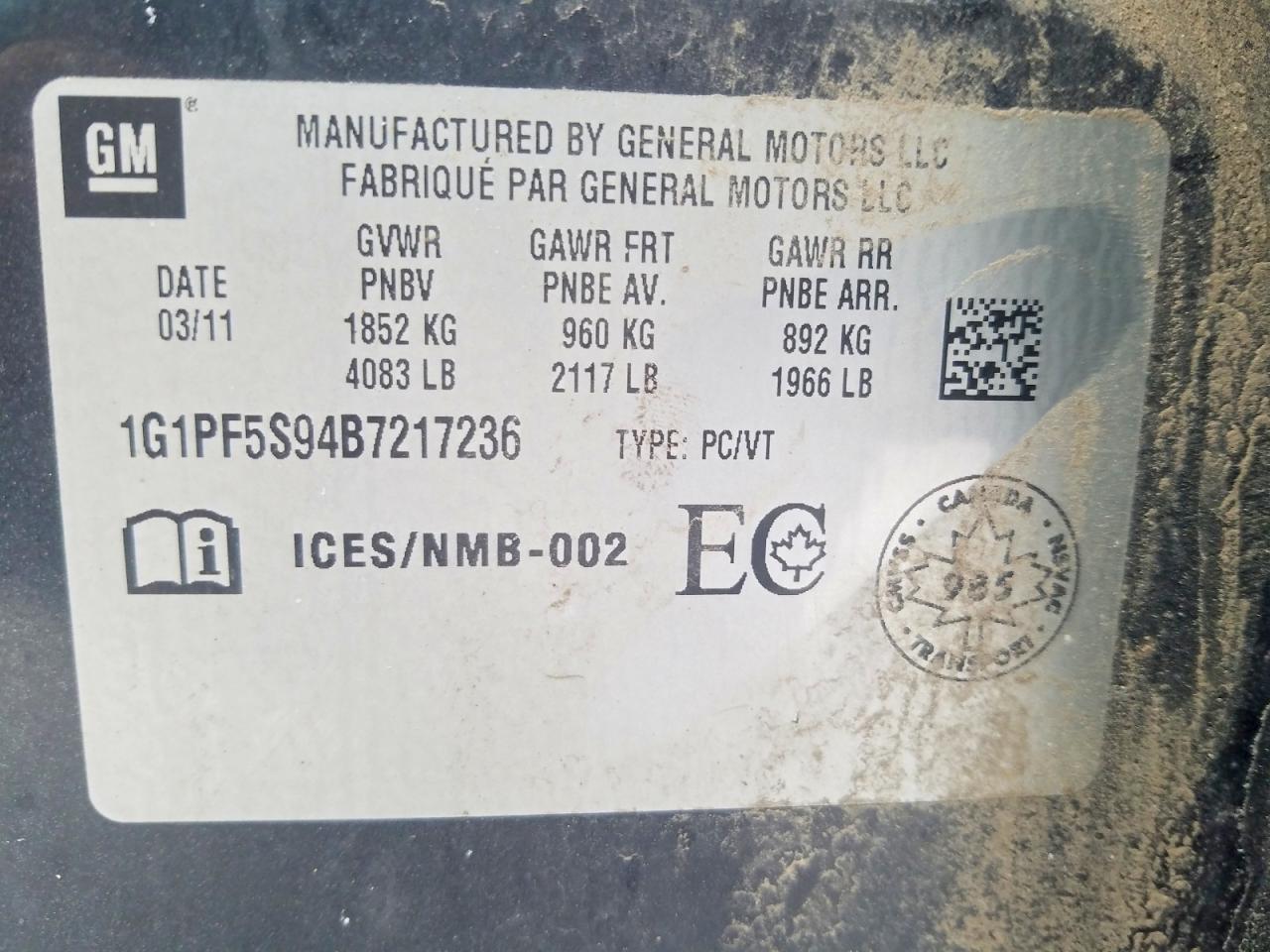 2011 Chevrolet Cruze Lt Черный vin: 1G1PF5S94B7217236